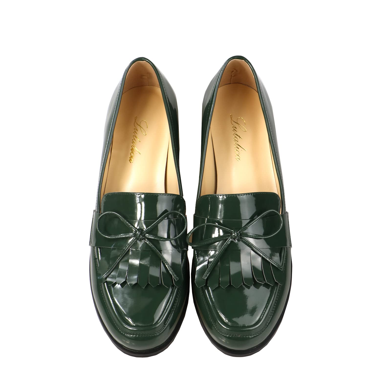 LEMUTISME Women's Fashion Patent Leather Loafers - Comfortable Slip-On Dress Shoes with Bow Knot & Tassel Detail, Round Toe Flat Pumps for Casual Wear, Size 10 Green | Perfect for Office, Party & Everyday Outfits