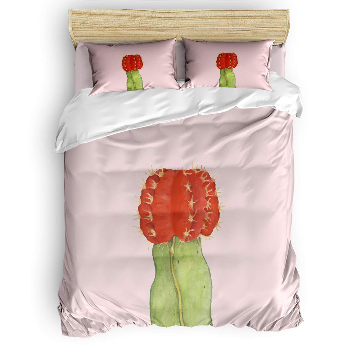 PartyShow 4-Piece Queen Size Bedding Set - Floral Cactus Comforter Cover with 2 Pillowcases, Red Flowers & Green Succulent Design for Kids' Bedroom | Soft & Cozy Bed Sheets for Boys & Girls | Perfect for Teen Rooms, Dorm Decor & Gift Ideas