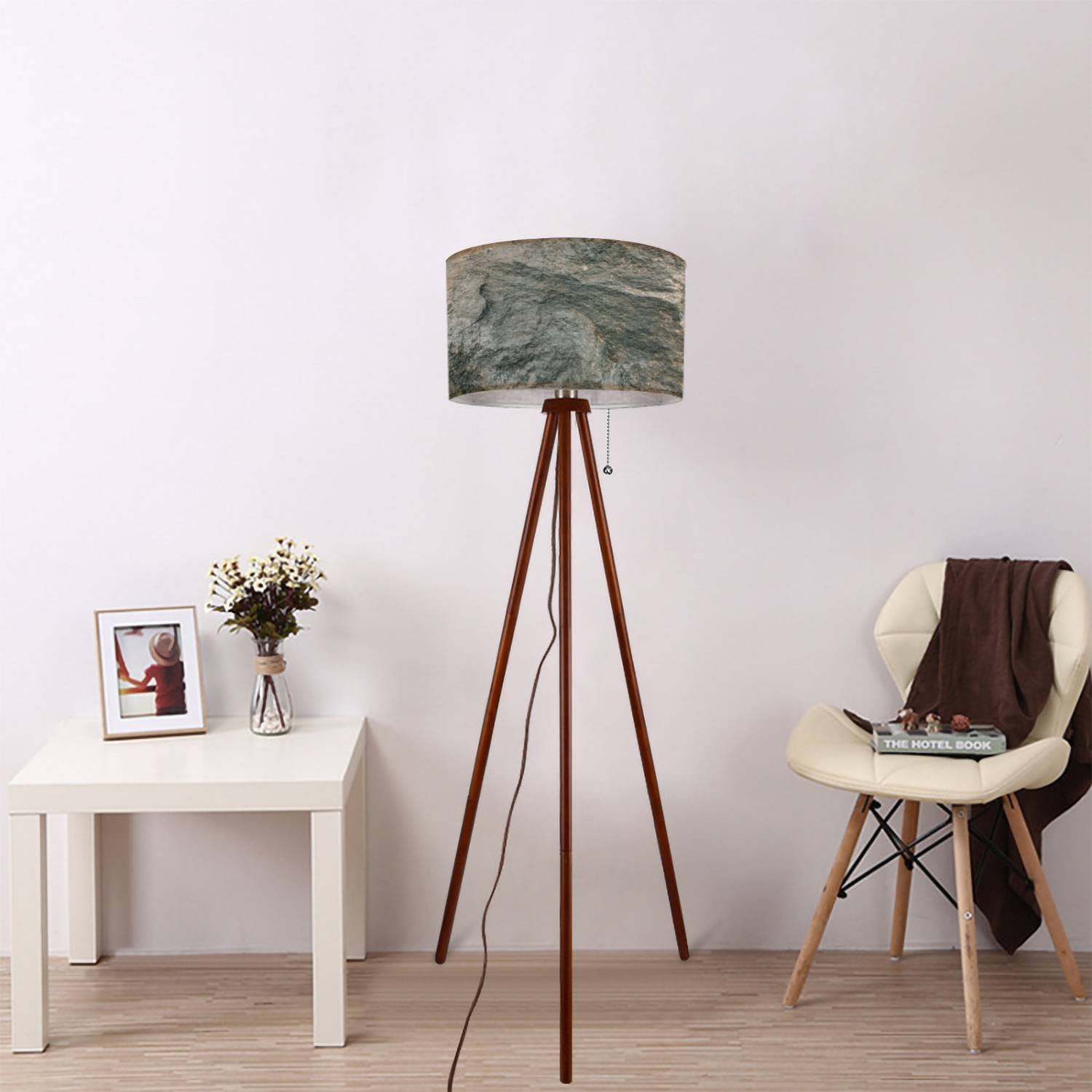 Modern Wood Tripod Floor Lamp with Linen Shade - Dimmable Tall Standing Lamp in Natural Grey Finish for Living Room & Bedroom | Mid-Century Style Lighting for Cozy Home Decor