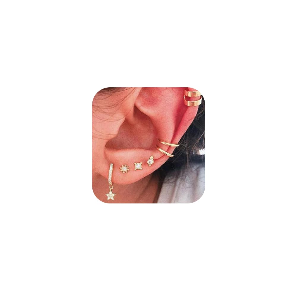 Missgrace 7-Piece Vintage Rhinestone Hoop Earrings Set - Gold Bohemian Star Stud Earrings for Women, Perfect for Parties, Date Nights & Boho Fashion Outfits