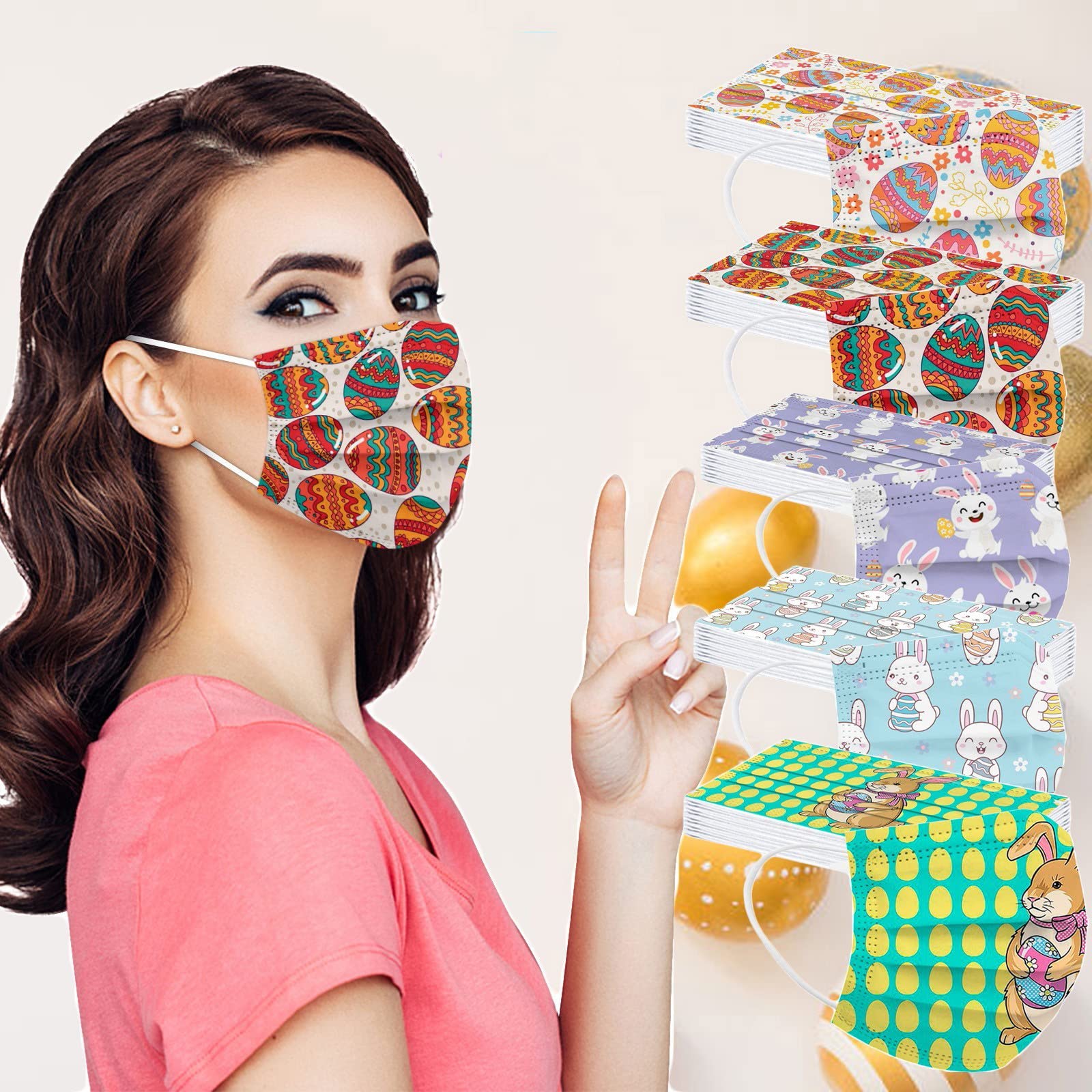 50 Pack Easter Disposable Face Masks for Adults - 3 Ply Breathable Bunny & Egg Design Face Coverings - Perfect for Easter Celebrations, Egg Hunts & Spring Gatherings