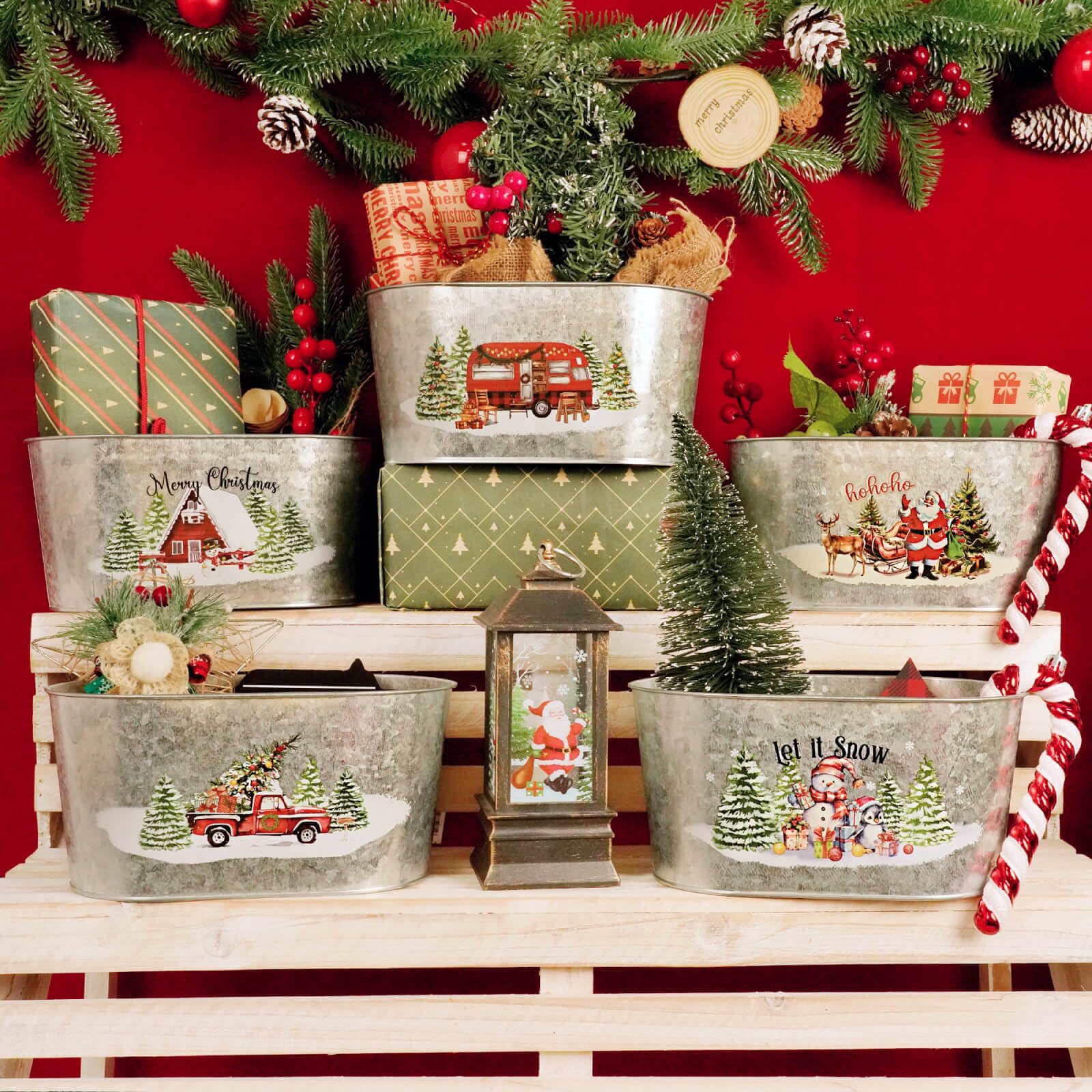 Christmas Metal Buckets Set of 5 - Galvanized Tin Pails for Holiday Decor, Party Centerpieces & Beverage Serving | 9 Inch Oval Pots for Home Table Decorations, Storage & Festive Celebrations
