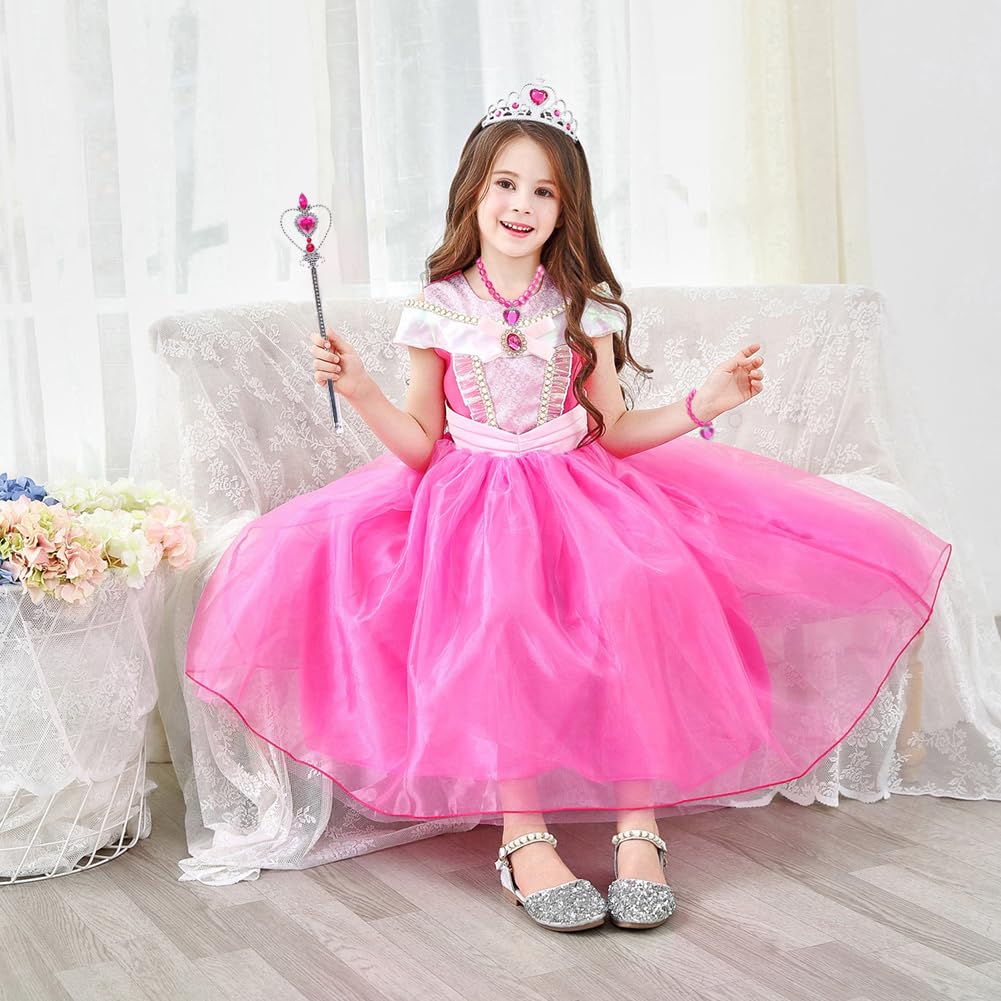 **Princess Aurora Costume Set for Girls - Gloves, Tiara, Necklace, Wand, Earrings, Bracelet & Ring - Halloween & Christmas Dress Up, Cosplay, Birthday Party Gifts**