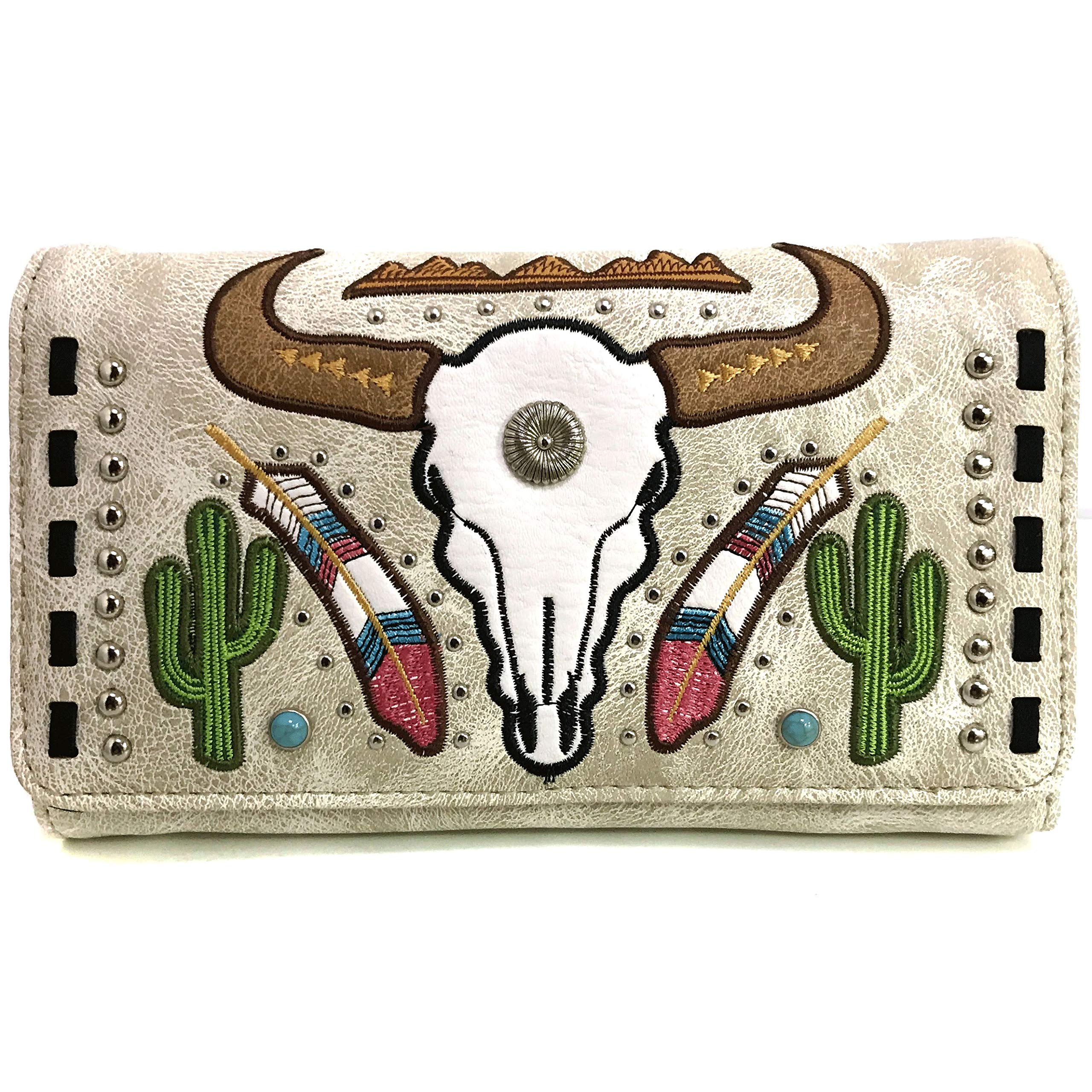 Zelris Design Genuine Longhorn Cow Skull Cactus & Feather Print Tri-Fold Crossbody Wallet - Perfect for Western Fashion, Rodeo Events & Boho Accessories