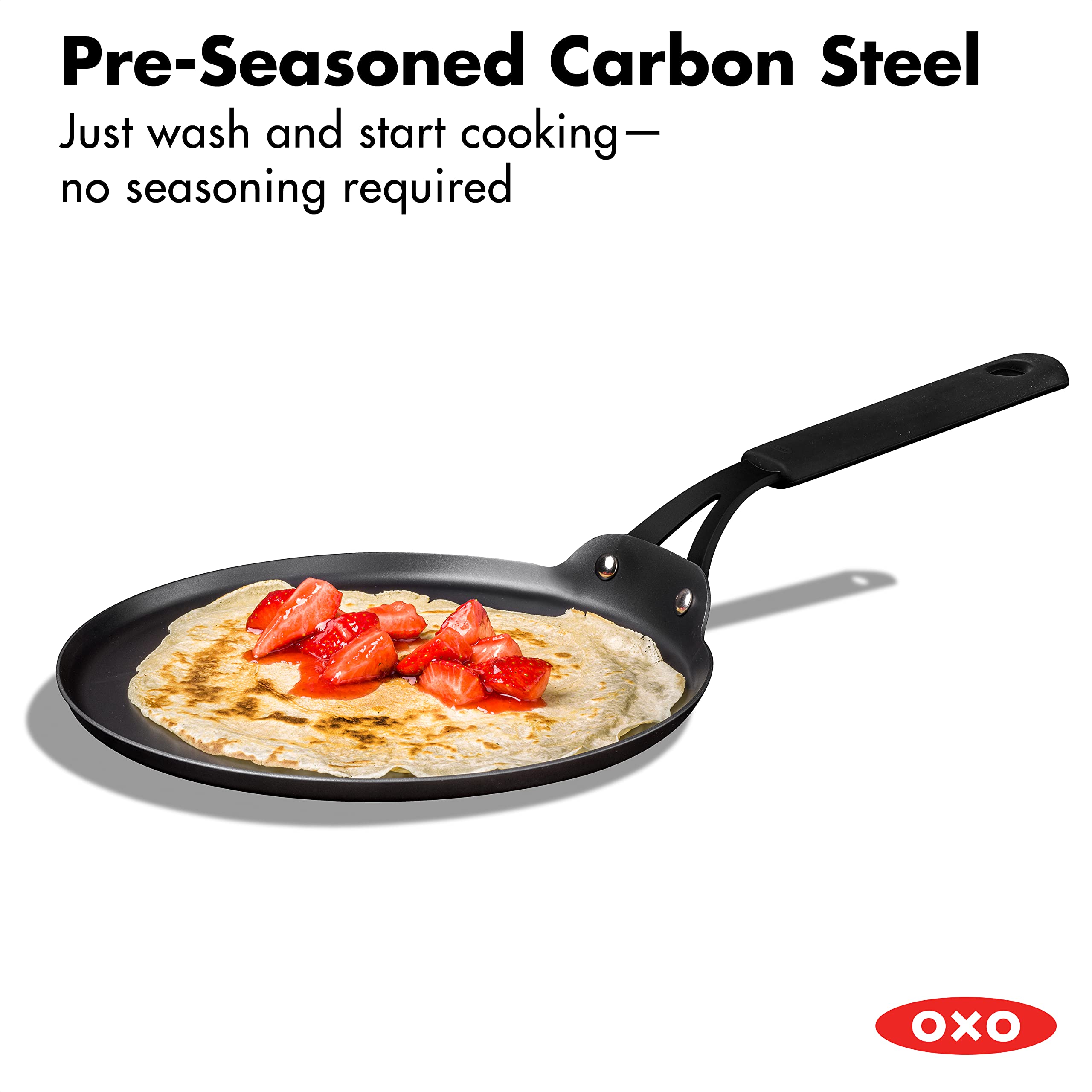 OXO Obsidian Pre-Seasoned 10-Inch Carbon Steel Crepe & Pancake Griddle Pan - Induction & Oven Safe with Removable Silicone Handle Holder - Perfect for Breakfast, Brunch & Camping Cooking - Black