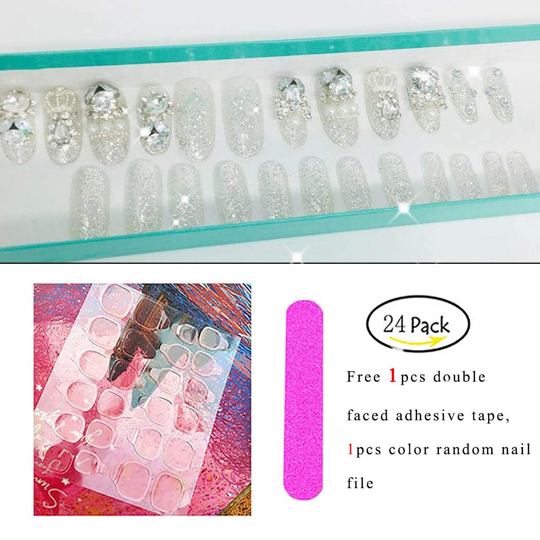 Fairvir Bling Rhinestone Crystal Bowknot False Nails - Full Cover Acrylic Nail Tips for Women & Girls - Perfect for Parties, Weddings & Special Occasions