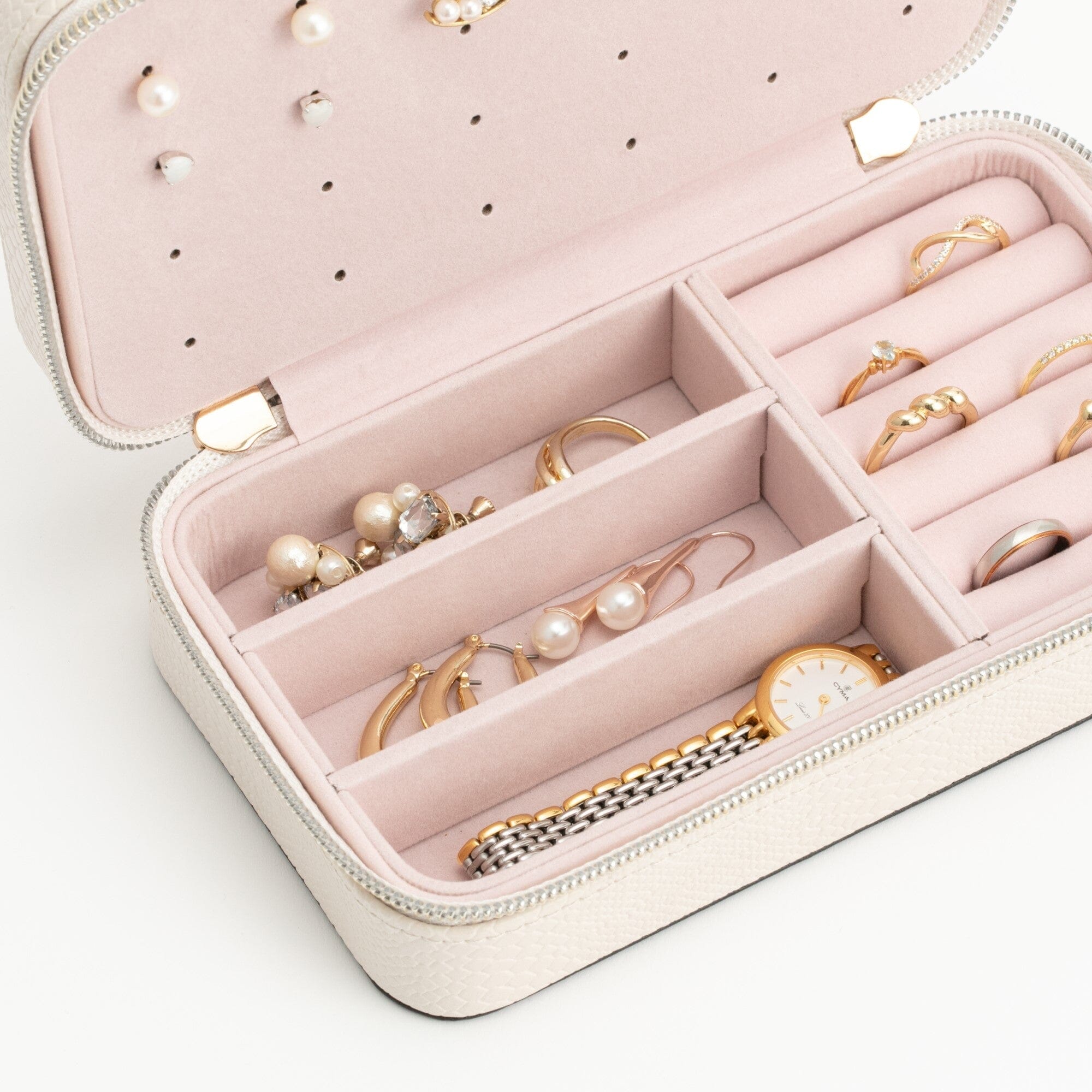 Elegant Bicolor Travel Jewelry Organizer Box - Ivory White | Perfect for Vacation, Business Trips & Gift Giving