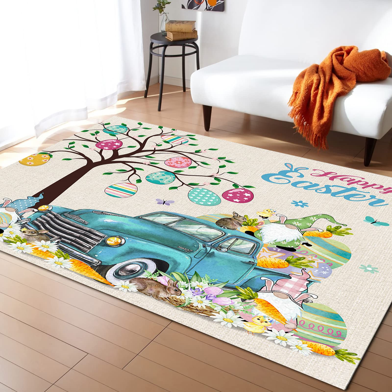 4' x 6' Modern Area Rug - Non-Slip Indoor Outdoor Carpet for Living Room, Bedroom, Kitchen, Porch | Easter Decor with Rustic Truck, Rabbit, Eggs & Carrot Design | Perfect for Front Door, Bath Mat or Floor Runner