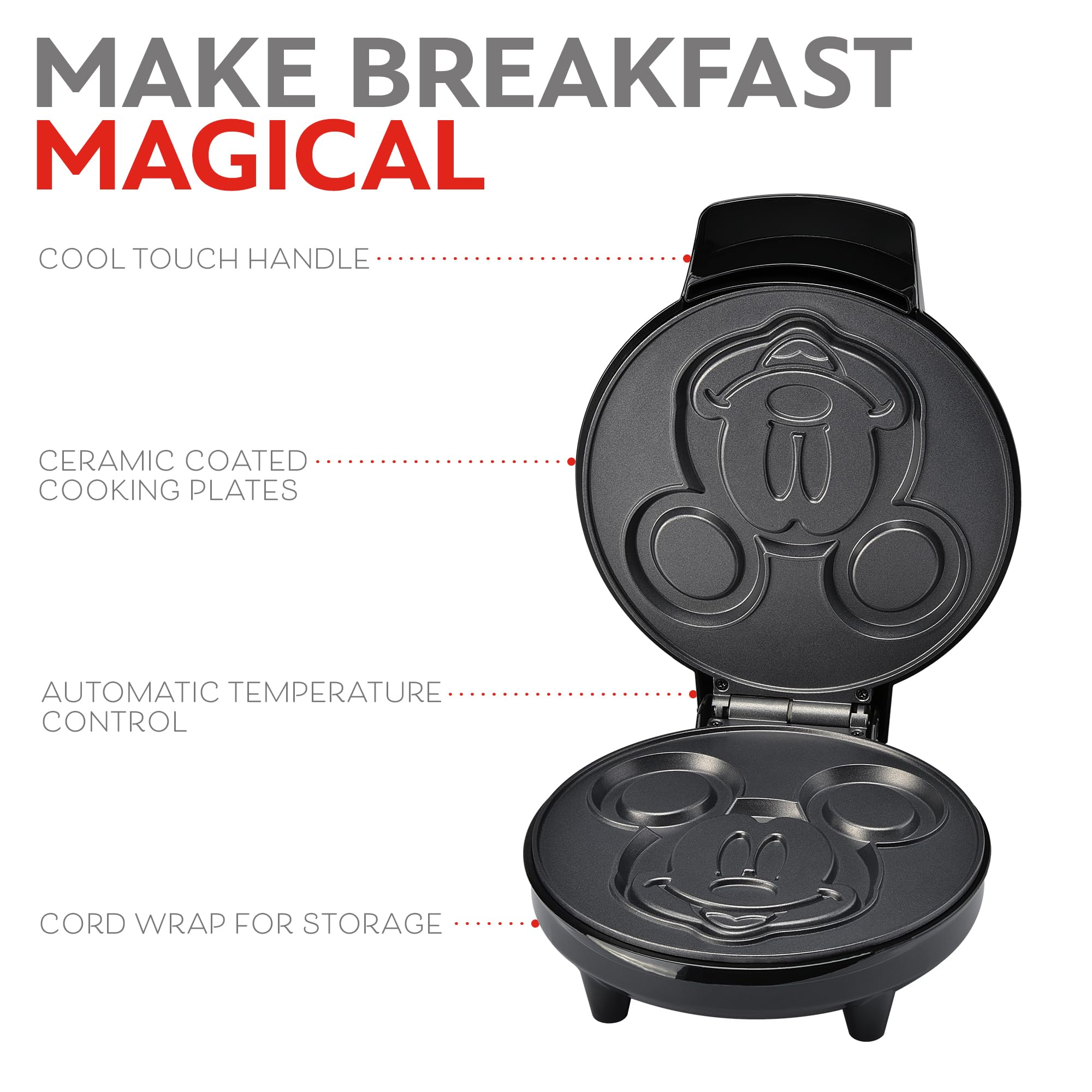 Disney Mickey Mouse 7-Inch Round Waffle Maker - Non-Stick Electric Waffle Iron for Perfect Breakfast, Kids Snacks & Family Brunch (Red)
