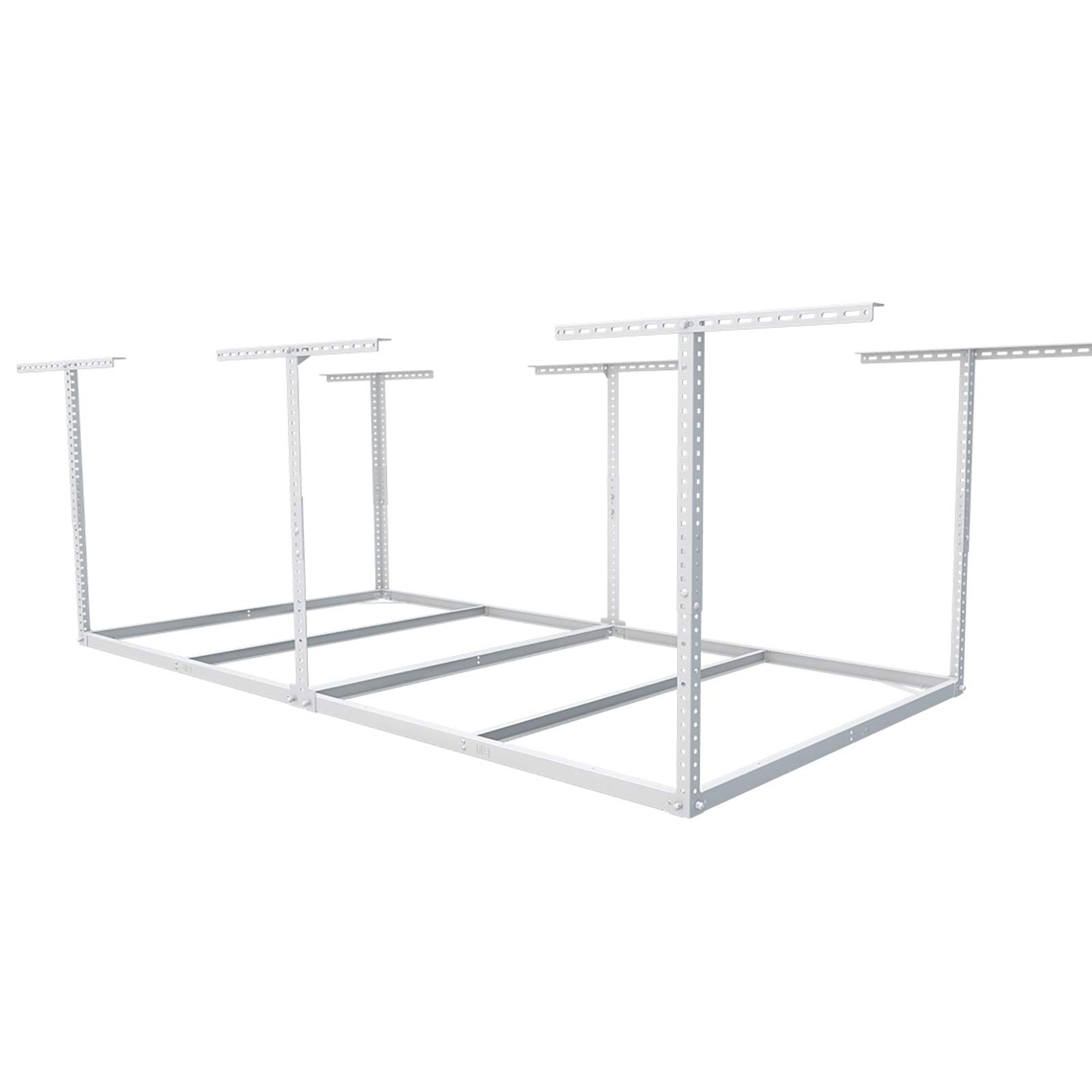 FLEXIMOUNTS 4x8 Overhead Garage Storage Rack - Heavy Duty Metal Ceiling Storage System, 600lbs Capacity, No Decking Included (White) - Perfect for Organizing Tools, Seasonal Items & Sports Equipment in Your Garage