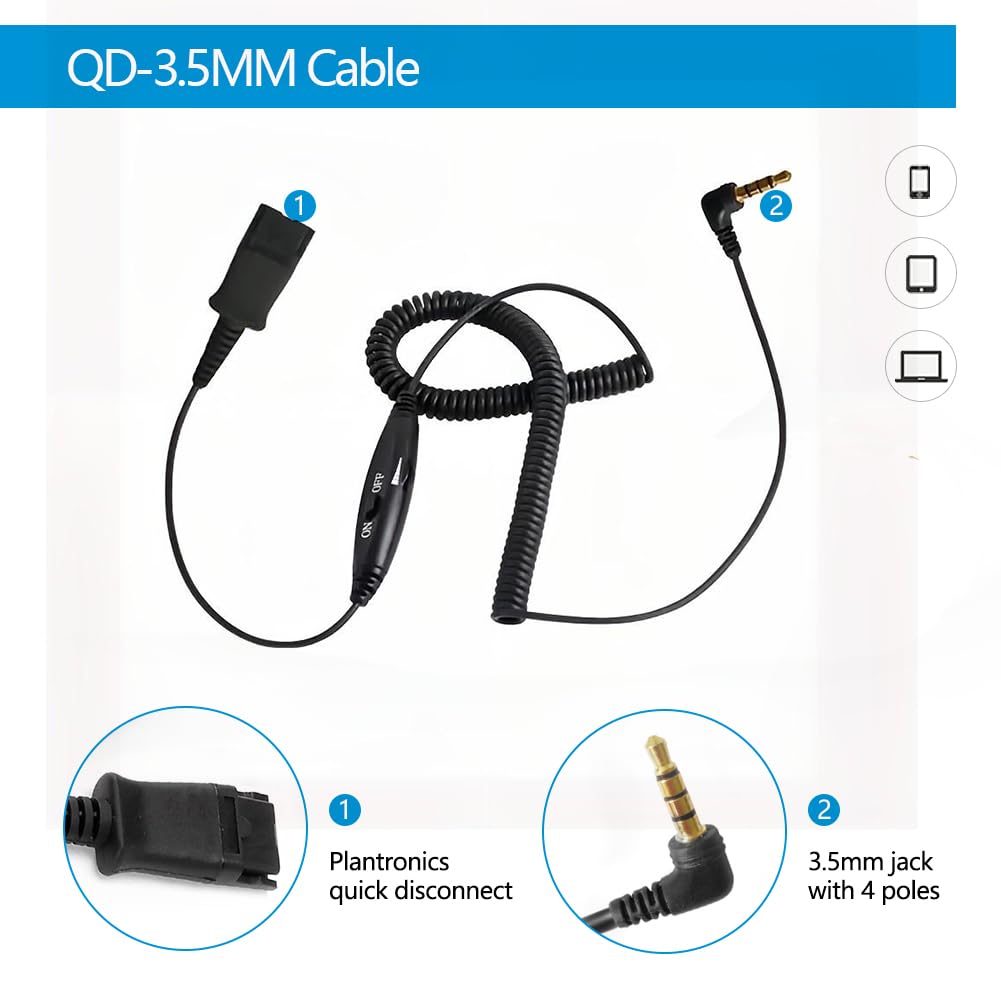 QD Mono Headset with 3.5mm Jack & USB-C Adapter - Compatible with PC, Cellphone, Tablet, Panasonic, Cisco, AT&T, Polycom, Grandstream IP Phones - Mute & Volume Control - Perfect for Office Calls, Remote Work, and Customer Service