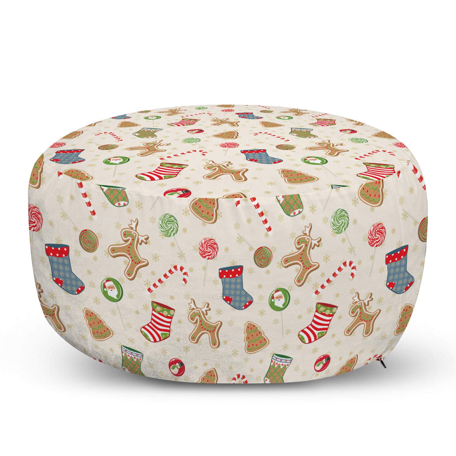 Ambesonne Christmas Ottoman Pouf - Traditional Holiday Gingerbread Cookies & Candy Print Footrest with Removable Cover - Cozy Living Room & Bedroom Decor for Xmas Parties - Multicolor Holiday Home Accent