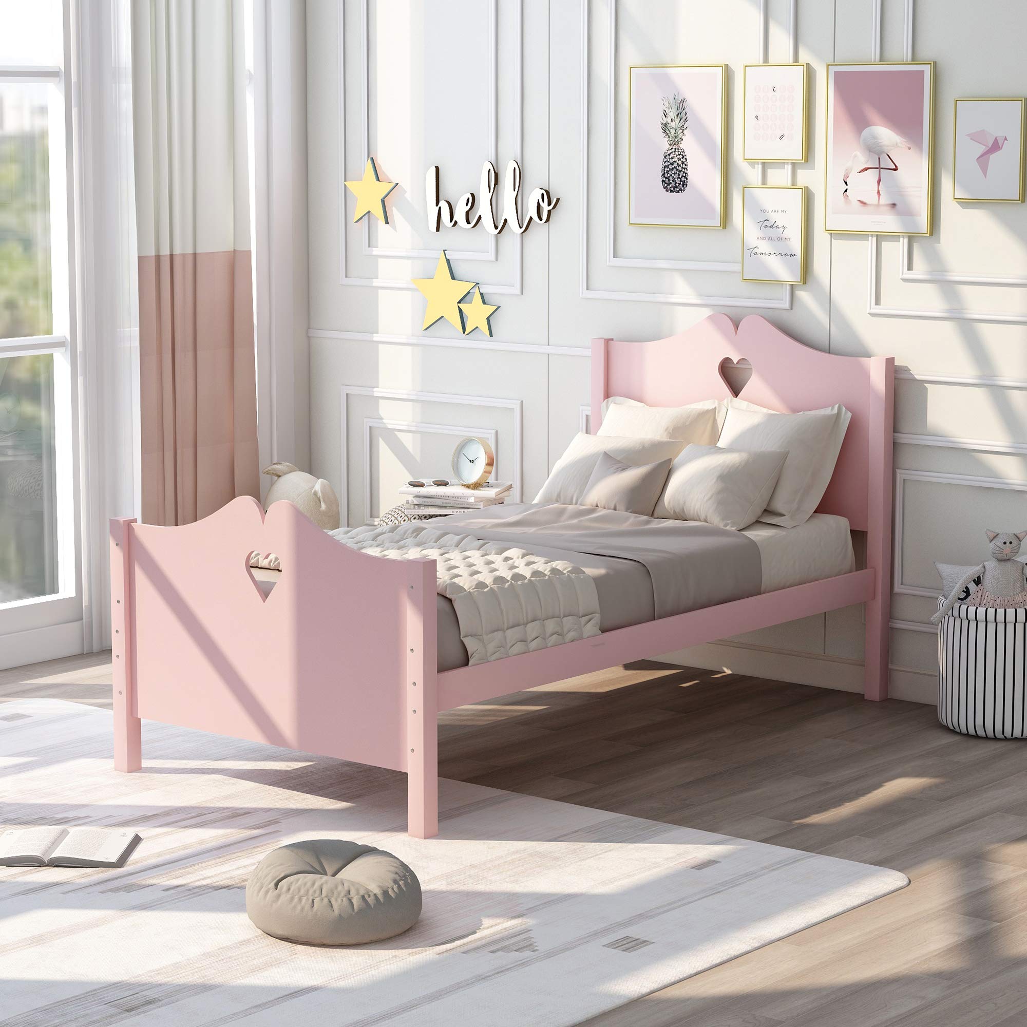 Pink Twin Wooden Bed Frame with Headboard and Footboard for Kids - Sturdy Platform Bed for Girls and Boys, No Box Spring Needed - Perfect for Bedrooms, Guest Rooms, and Kids' Rooms