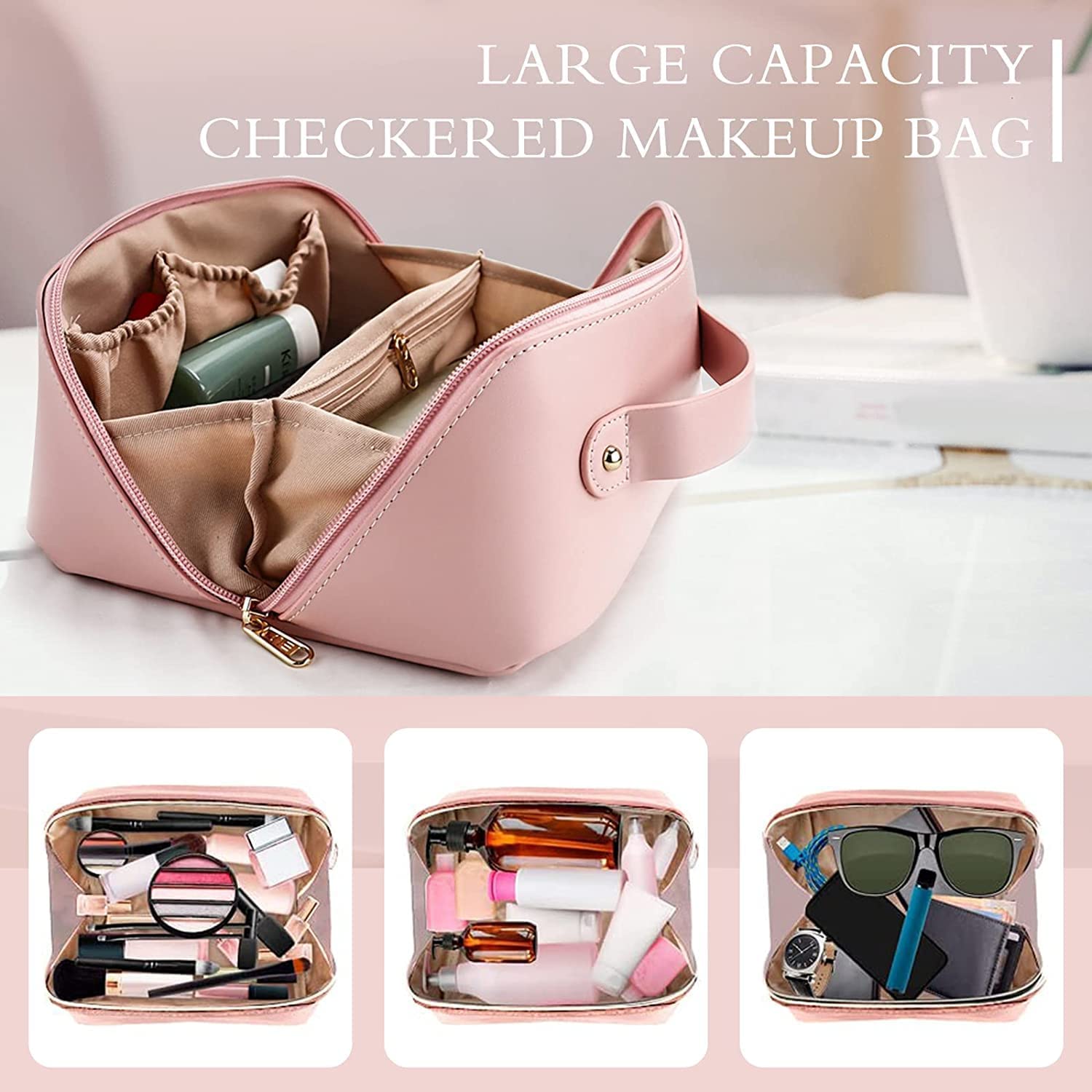 WROPZO Large Capacity Travel Makeup Bag for Women - Leather Cosmetic Organizer with Handle & Dividers, Wide Opening Makeup Storage Pouch - Perfect for Travel, Gym, Work & Daily Use