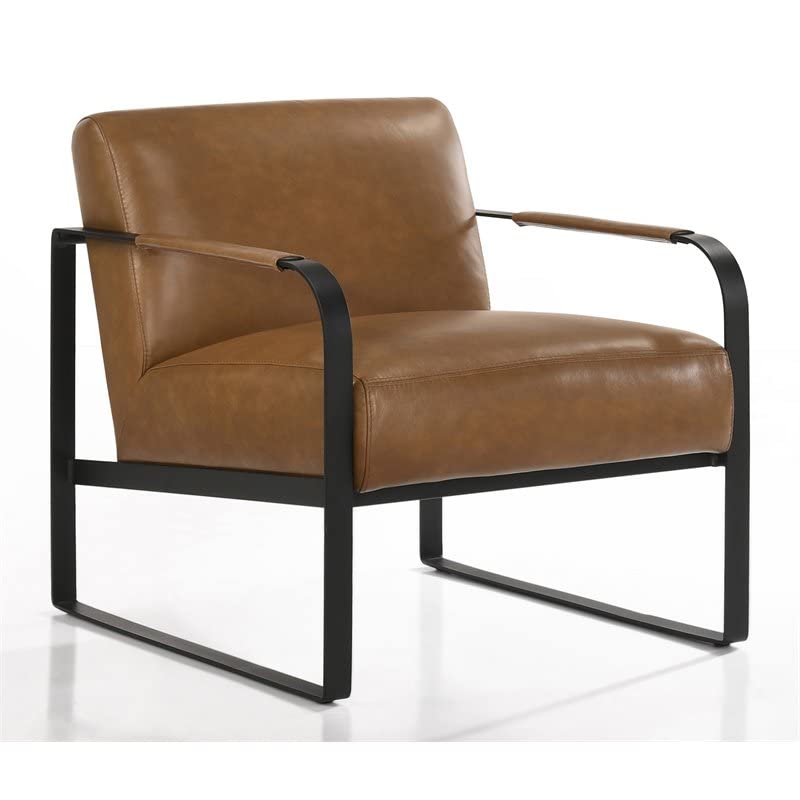 Premium Omax Decor Mason Steel & Genuine Leather Lounge Accent Chair - Caramel & Black - Modern Living Room, Office, or Reading Nook Seating