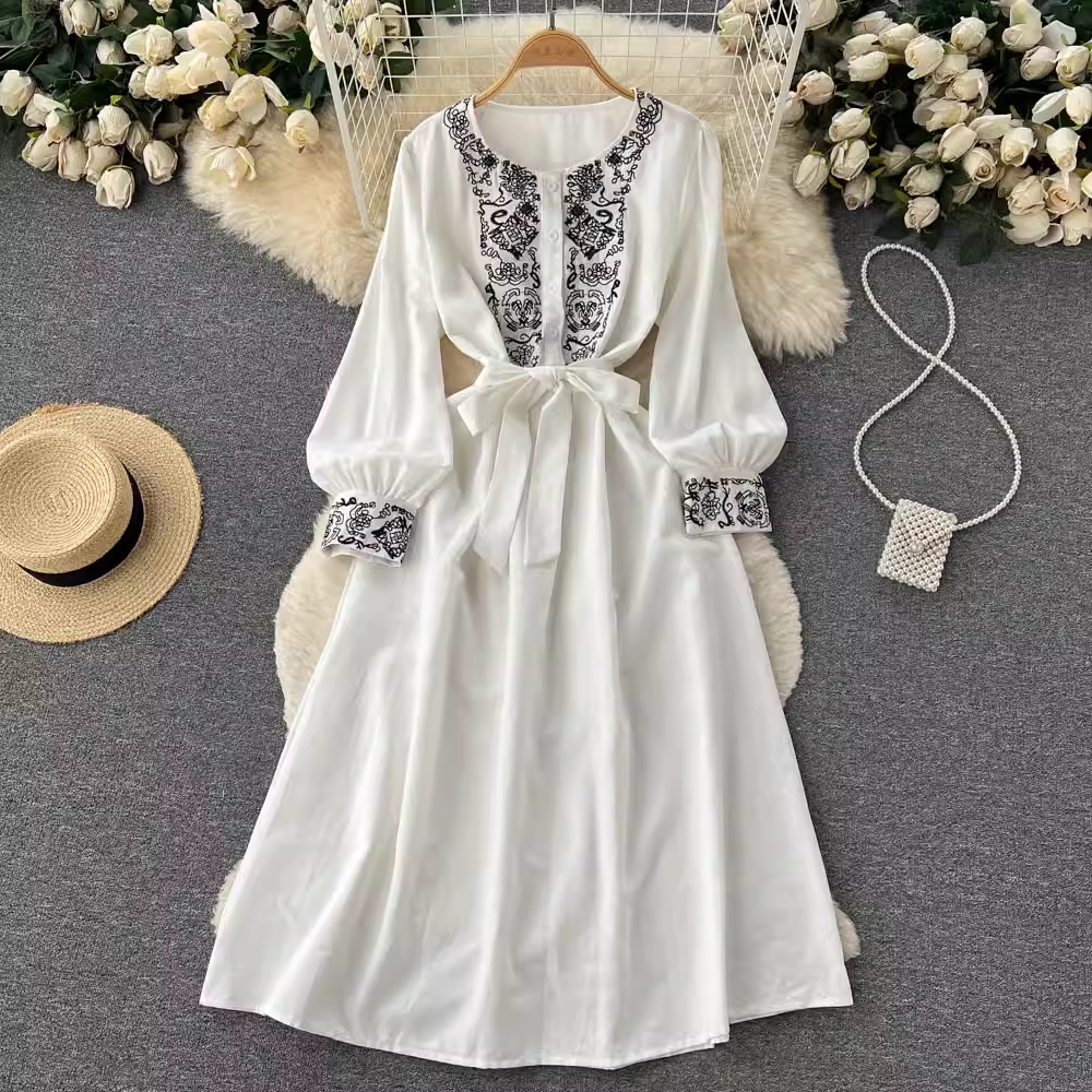 Bohemian Embroidered Vintage Maxi Dress with Long Sleeves - Flowy Swing Skirt for Women | Perfect for Festivals, Beach Vacations and Boho Chic Outfits