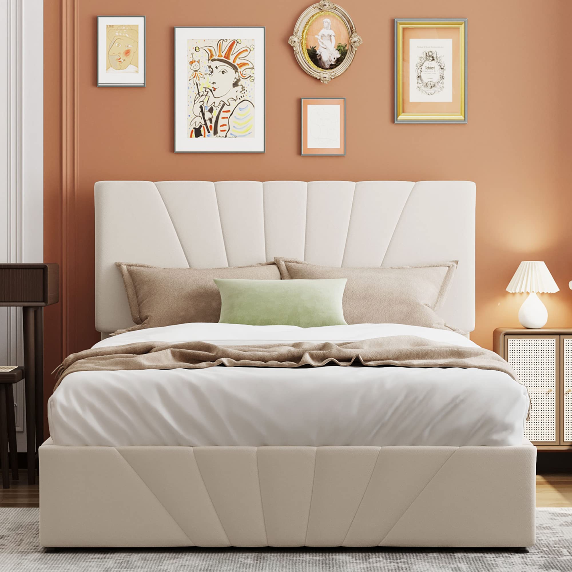 Upholstered Full Bed Frame with Underbed Storage | Gas Lift Hydraulic System | Adjustable Headboard | Beige | Perfect for Small Bedrooms, Guest Rooms & Dormitories