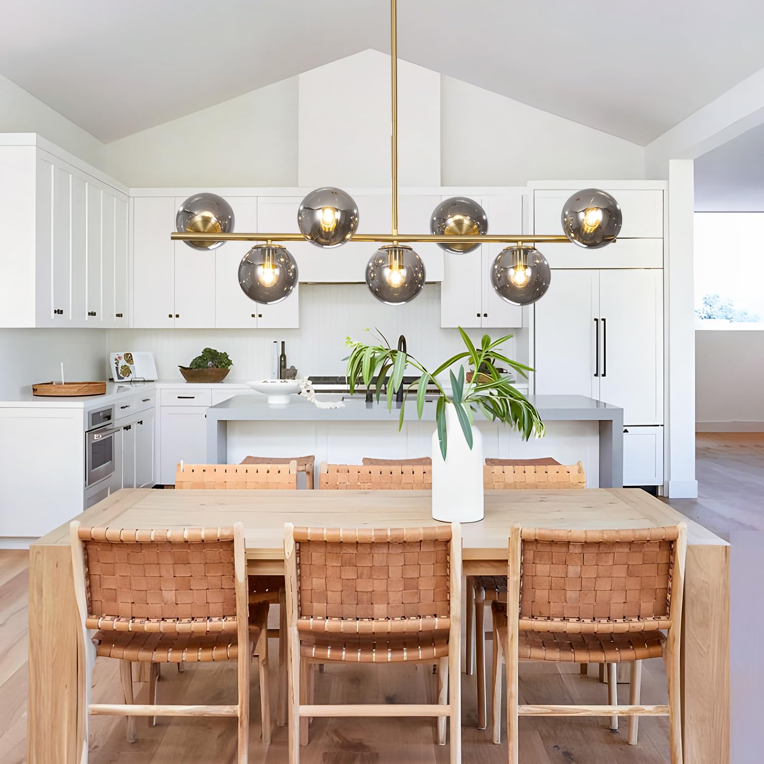 Mid Century Modern Brass Linear Chandelier with Smoke Glass Pendant - Large Gold Globe Chandelier for Dining Room Lighting | Perfect for Contemporary Dining Rooms, Kitchens & Entryways
