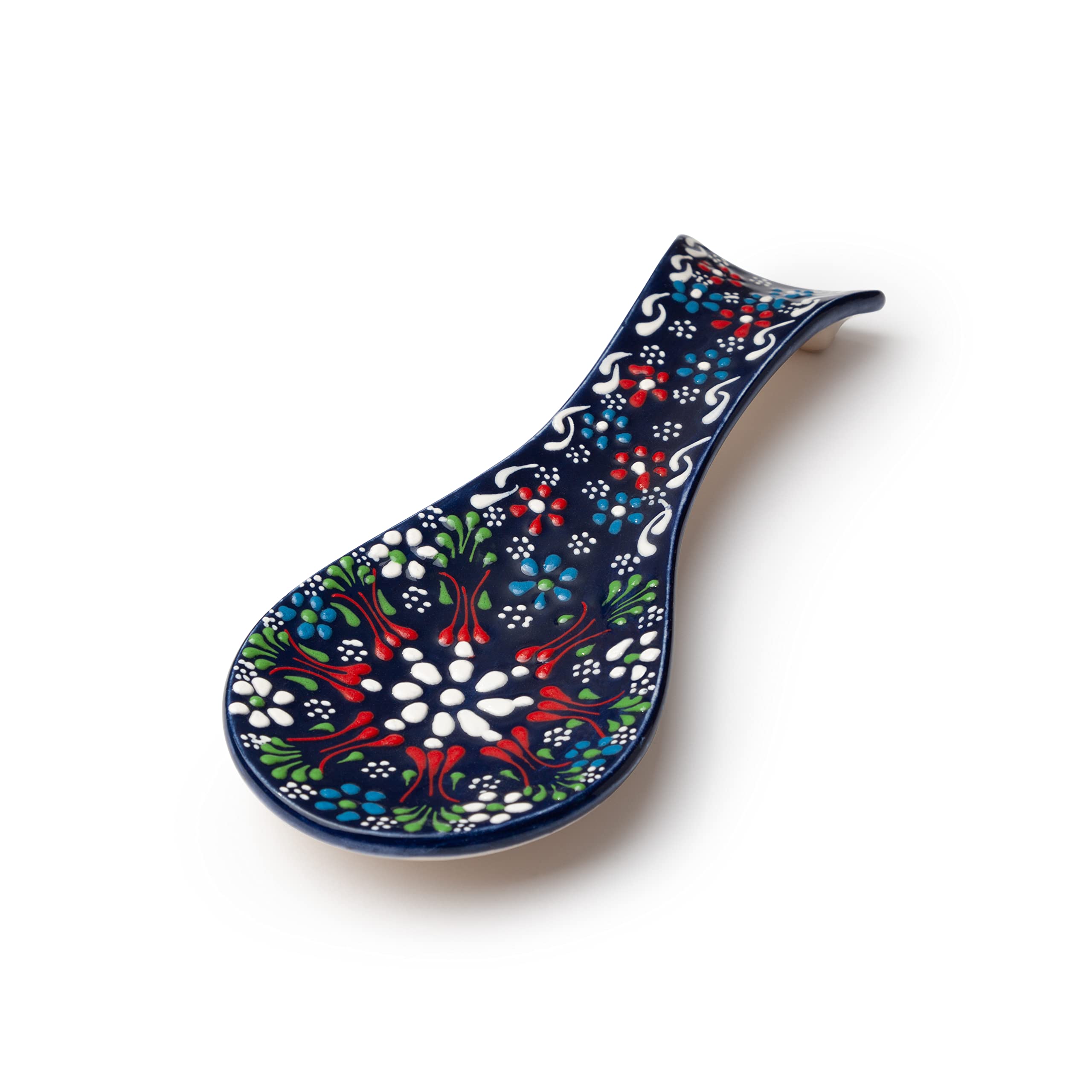 Hand Painted Turkish Ceramic Spoon Rest - Unique Embossed Blue Spoon Holder with Artisan Craftsmanship - Decorative Colorful Kitchen Utensil for Countertop - Perfect for Cooking, Serving & Home Decor Accessories