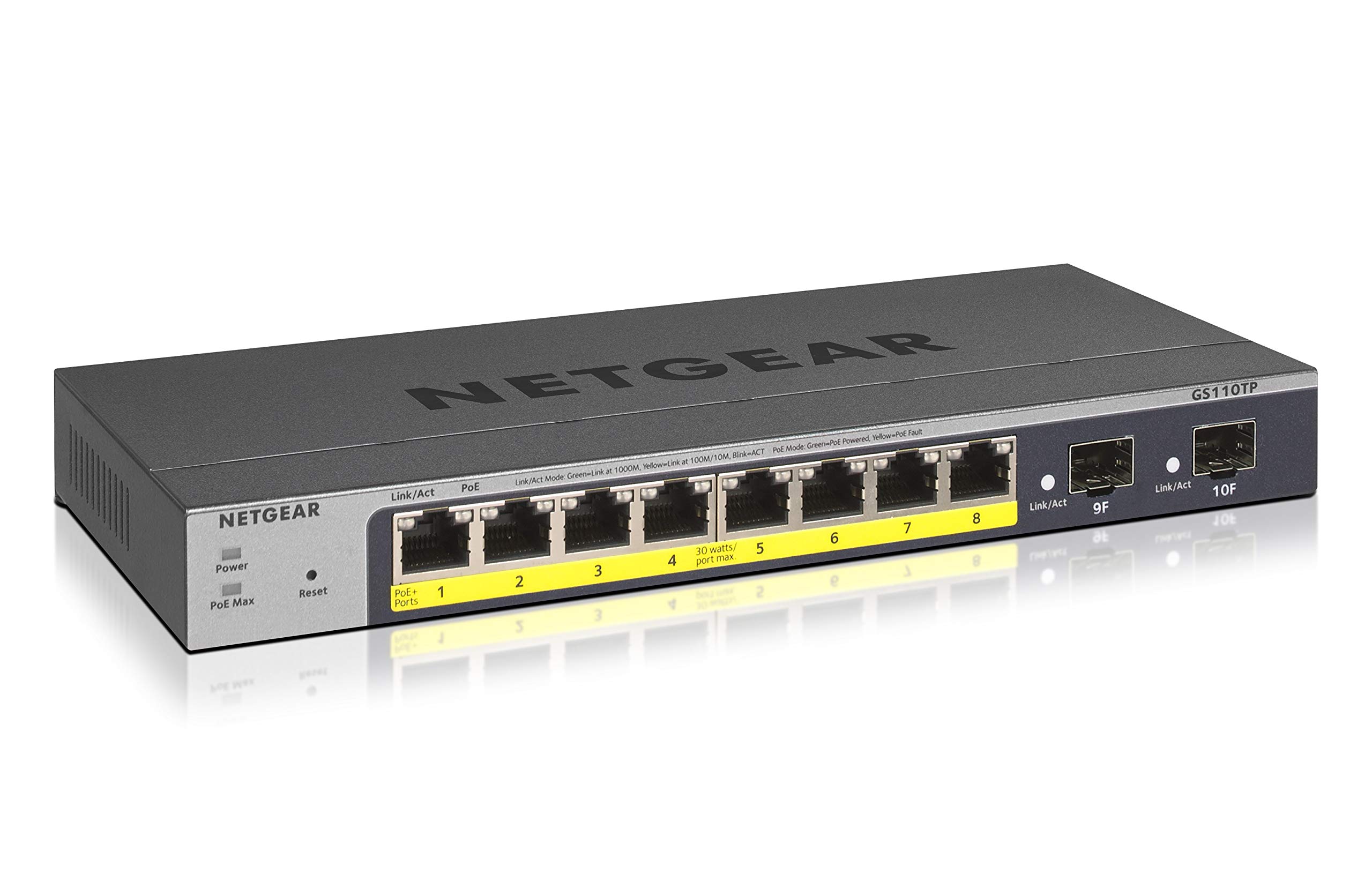 NETGEAR GS110TP 8-Port Gigabit PoE+ Switch with 2 SFP Ports & 46W Power Budget - Ideal for Small Business Networks & IP Camera Systems