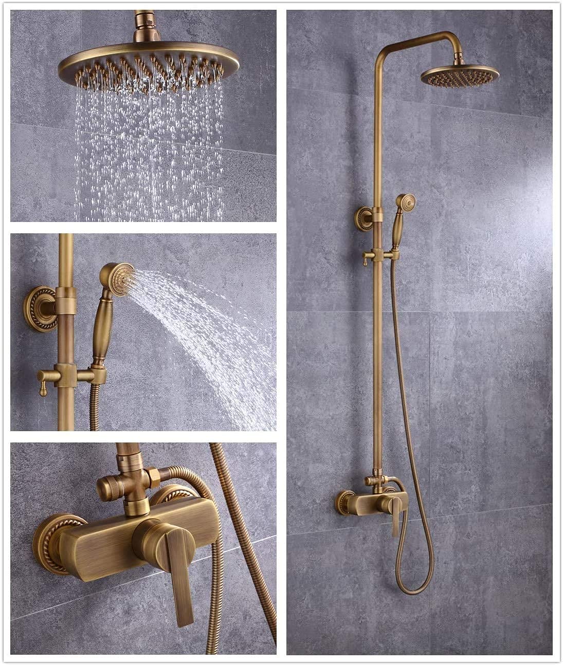 Vintage Brass Shower Faucet Set - Rainfall Shower Head, Handheld Shower & Tub Spout Faucet - Antique Brass Finish Bathroom Fixture for Luxury Spa Experience at Home