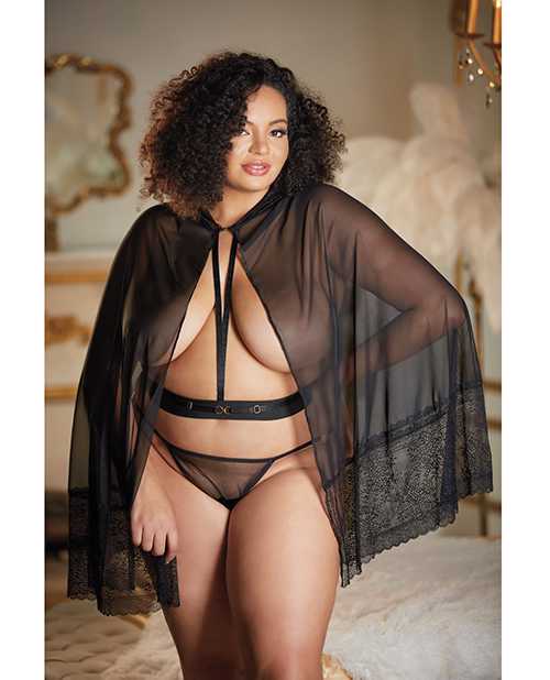 Allure Black Lace & Mesh Cape with Attached Waist Belt - Elegant Gothic Fashion Accessory for Halloween, Cosplay, and Evening Parties (G String Not Included)