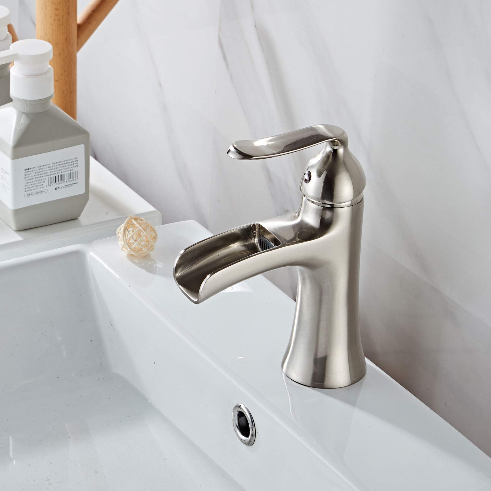 Brushed Nickel Waterfall Bathroom Sink Faucet - Single Handle Single Hole Lavatory Faucet with Supply Hose & Cover Plate - Commercial Basin Mixer Tap for Modern Bathroom & Powder Room