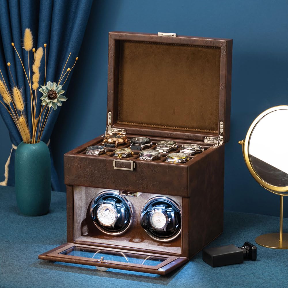 Premium Automatic Double Watch Winder with 8-Slot Storage Display Box - Japanese Quiet Motor, LED Light & Adjustable Watch Pillows - Perfect for Watch Collectors & Luxury Timepiece Storage (AC Adapter Included) - Ideal for Home, Office or Travel Use