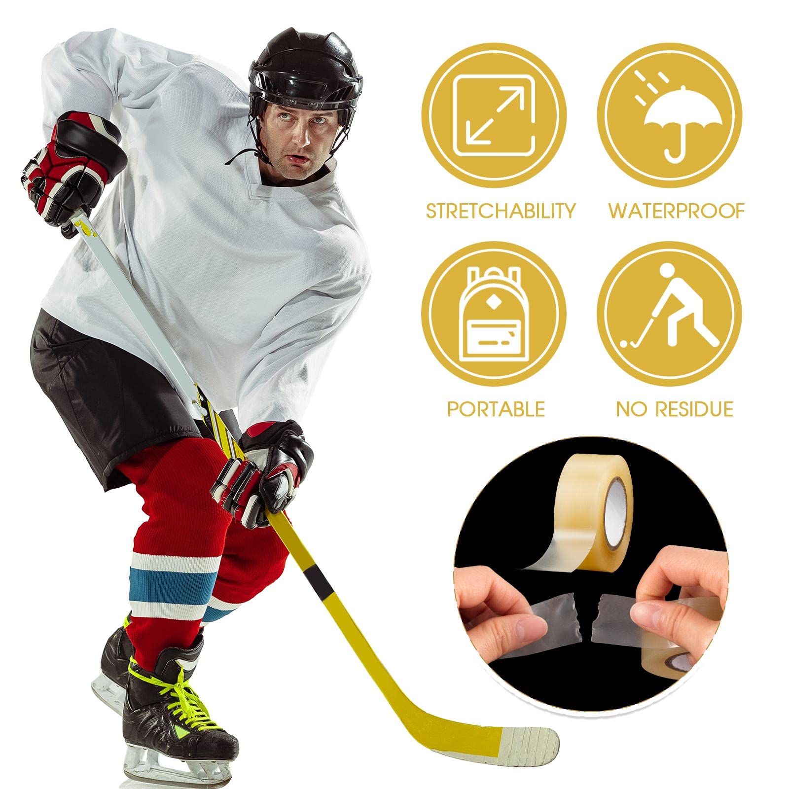 Meooeck 10 Rolls Multipurpose Hockey Tape - Strong Adhesive Shin Pad & Sock Tape for Ice Skating, Hockey Sticks - Perfect Sports Gear & Equipment for Players (Great for Securing Gear During Games & Practice)