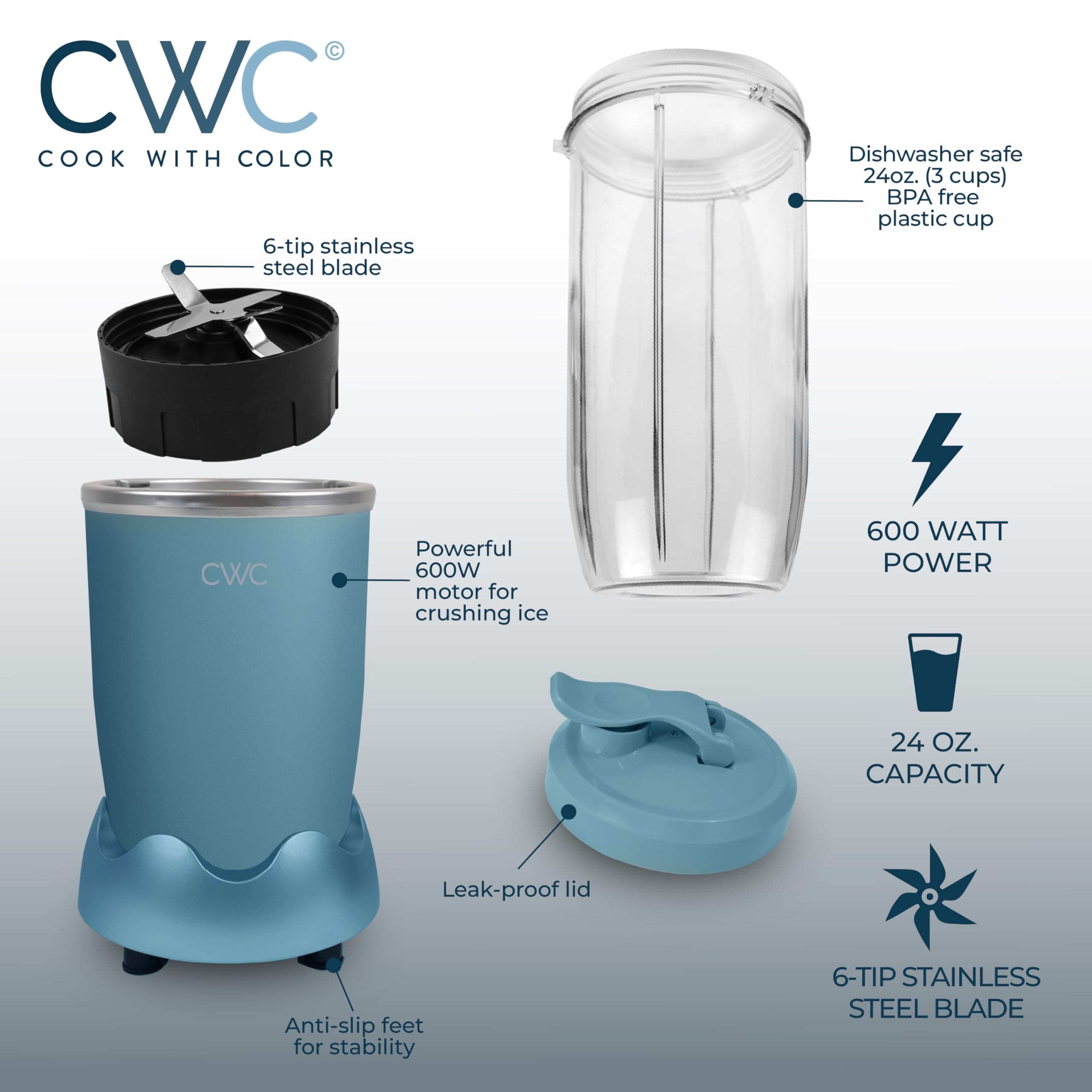 600W Personal Power Blender - 24oz BPA-Free Jar with Ice-Crushing Blades | Perfect for Smoothies, Shakes & Meal Prep | Anti-Slip Base & Easy Clean Design in Slate Blue | Ideal for Home Kitchen, Office & Healthy Lifestyle