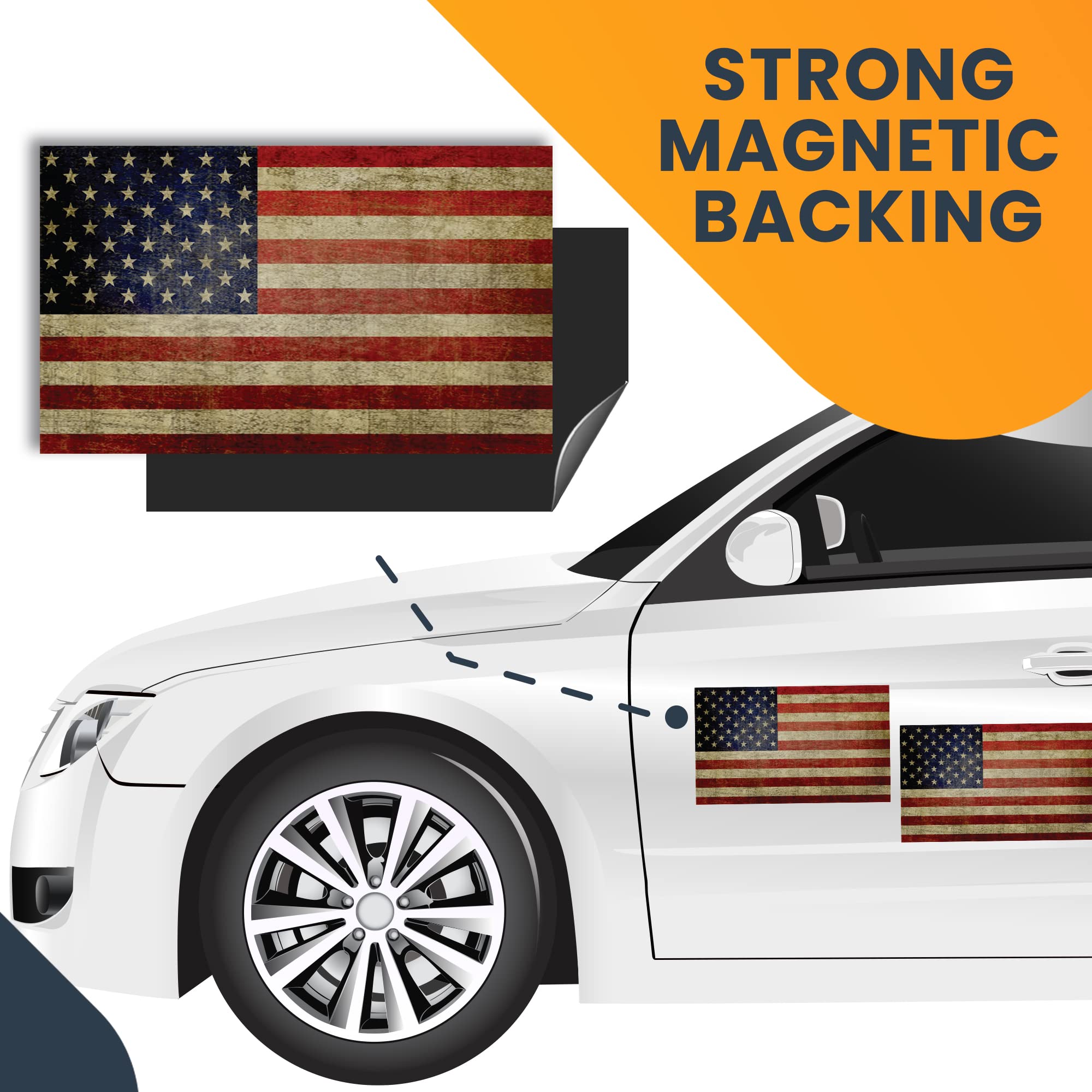 Weathered American Flag Car Magnet Decal - 5x8 Inches, 2 Pack - Red, White & Blue - Waterproof Heavy Duty Automotive Magnet for Car, Truck, SUV - Perfect for Patriotic Display on Vehicles & Metal Surfaces
