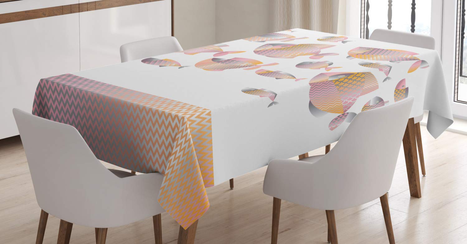 Ambesonne Modern Fish Tablecloth with Ocean Animal Print & Zigzag Border - 52x70 Inch Rectangular Dining Table Cover for Kitchen Decor in Pale Pink Orange - Perfect for Beach Themed Parties & Coastal Home Decor