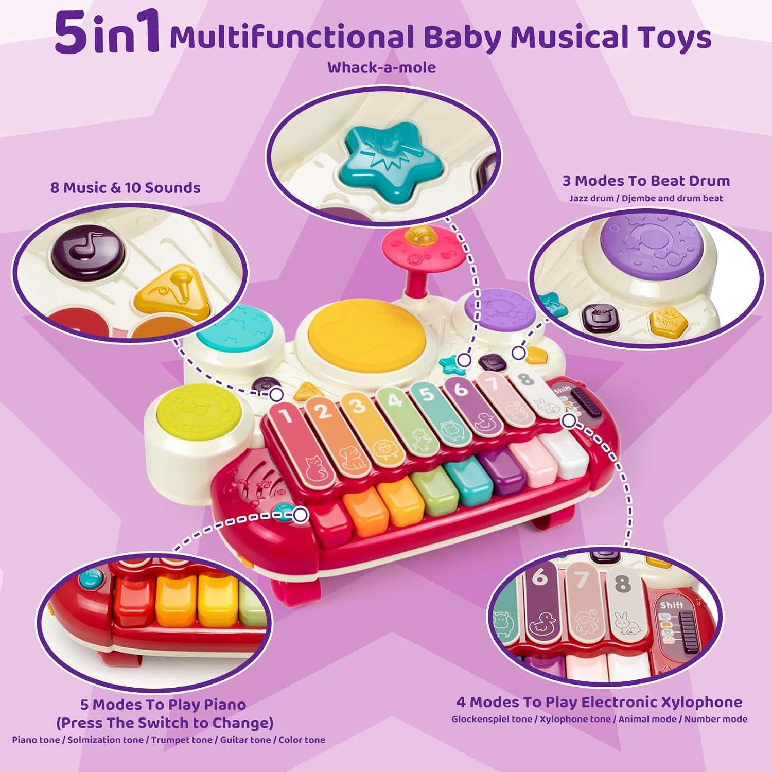 Marstone 5-in-1 Musical Baby Toys for 1-2 Year Olds - Interactive Piano, Xylophone, Whack-a-Mole, Drum Set with Sounds & Lights | Perfect 1st Birthday Gift & Early Learning Toy for Toddlers | Great for Playtime, Sensory Development & Motor Skills