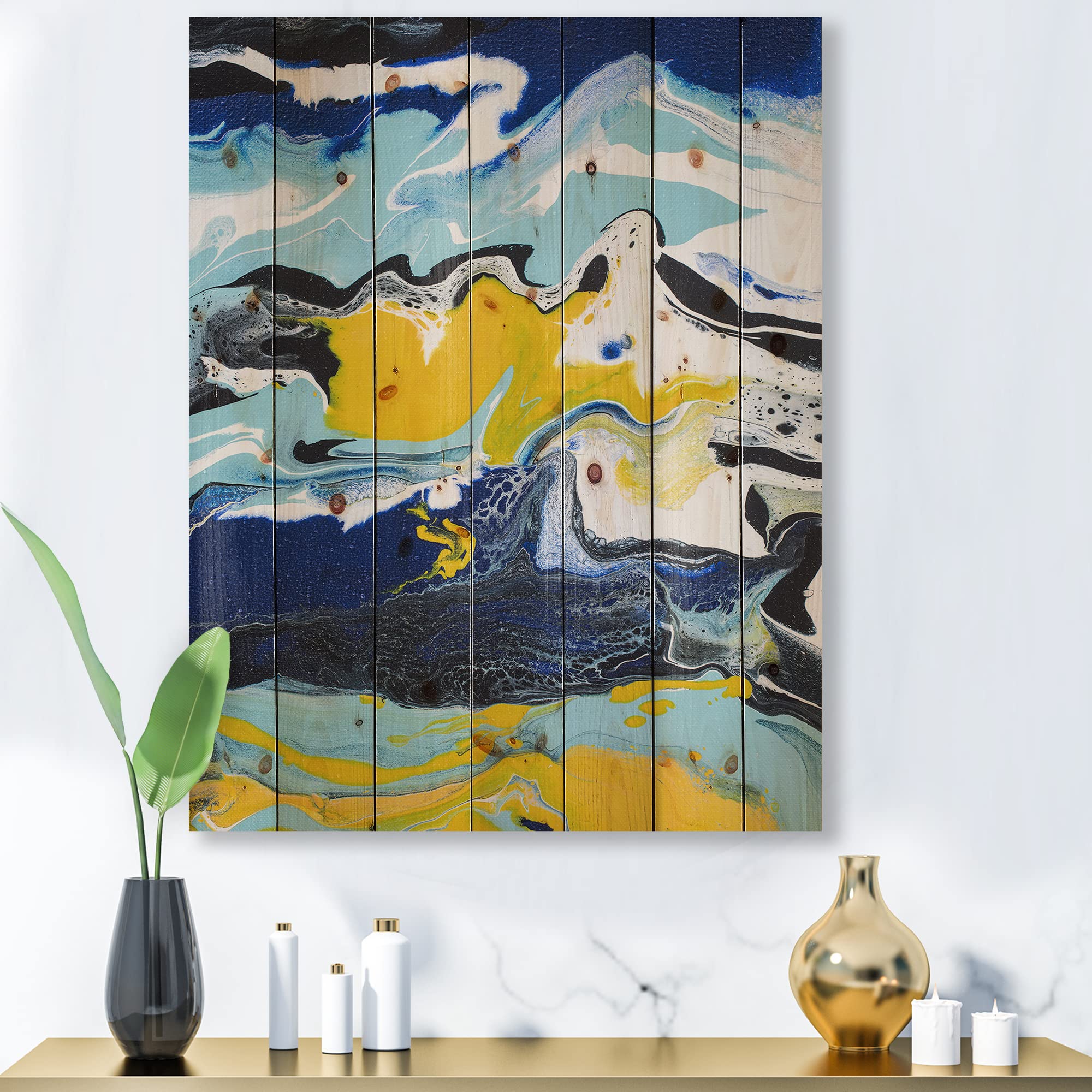Abstract Marble Wood Wall Art - Yellow & Blue Modern Decor for Living Room