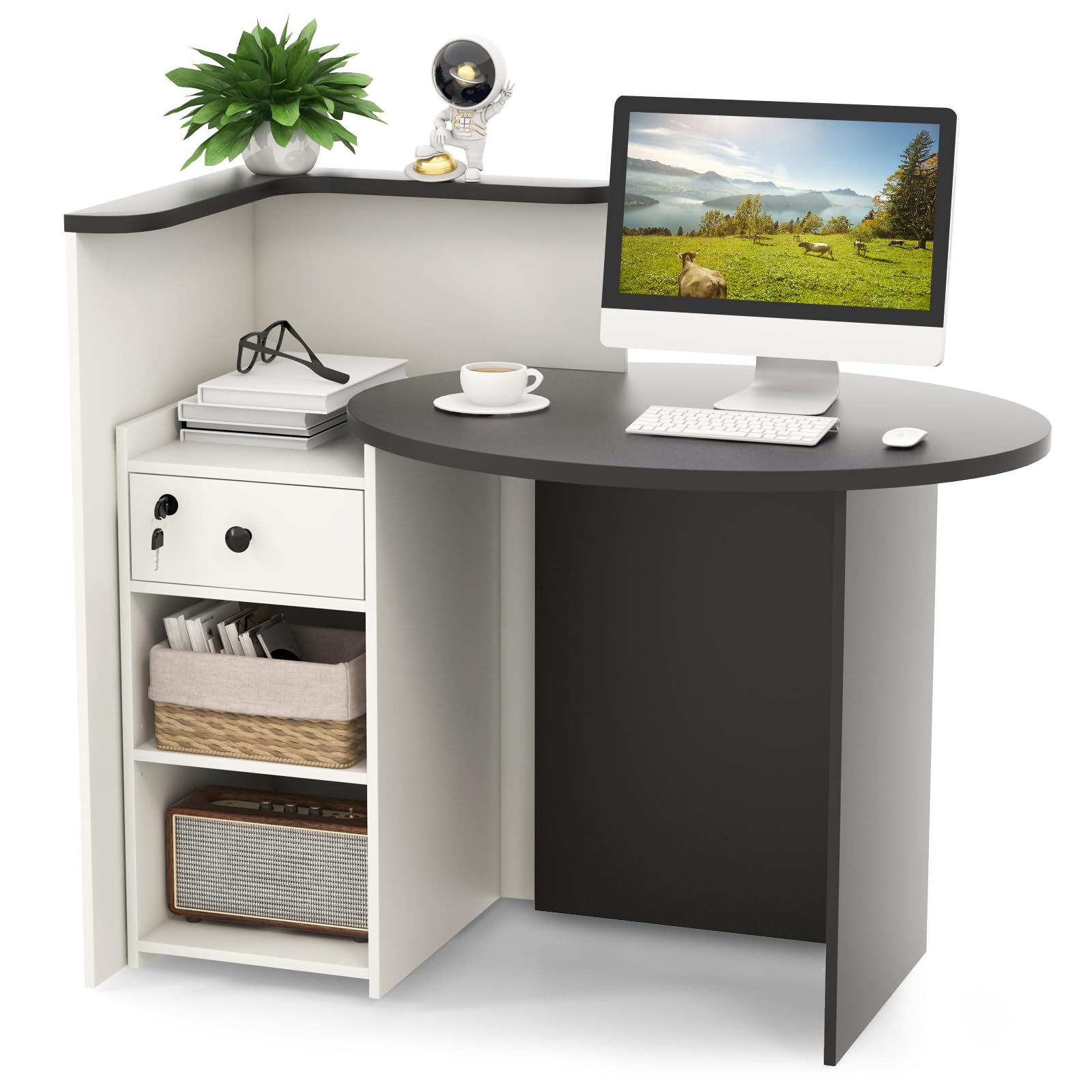 Tangkula Oval Reception Desk with Lockable Drawer & Adjustable Shelf - Front Counter Workstation for Retail Checkout, Salon Lobby, Office & Home Office - Durable Computer Desk for Professional & Personal Workspaces