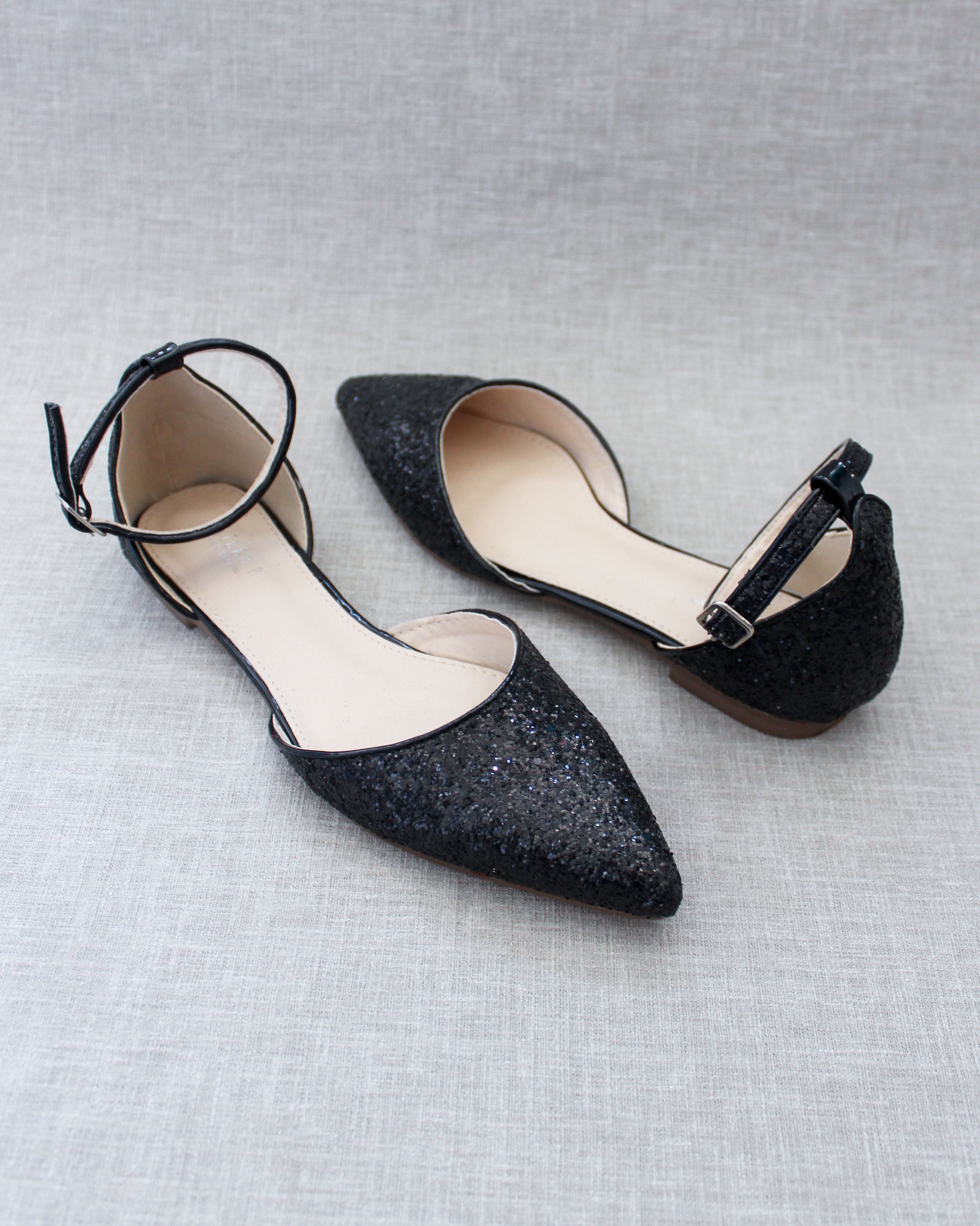 Glitter Ankle Strap Ballet Flats for Women - Shimmery Dressy Flat Shoes for Parties, Weddings & Evening Events