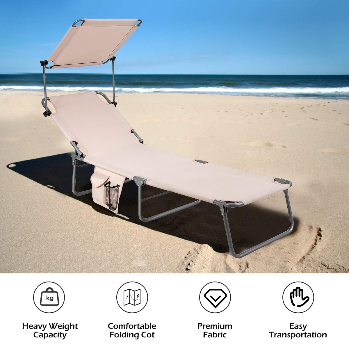 Giantex Adjustable Tanning Chair with Canopy & Storage - 5-Position Reclining Patio Chaise Lounge - Portable Folding Beach Chair for Poolside, Lawn, Camping & Outdoor Sunbathing (Beige, 2-Pack) - Perfect for Backyard Relaxation, Beach Vacations & Summer Lounging