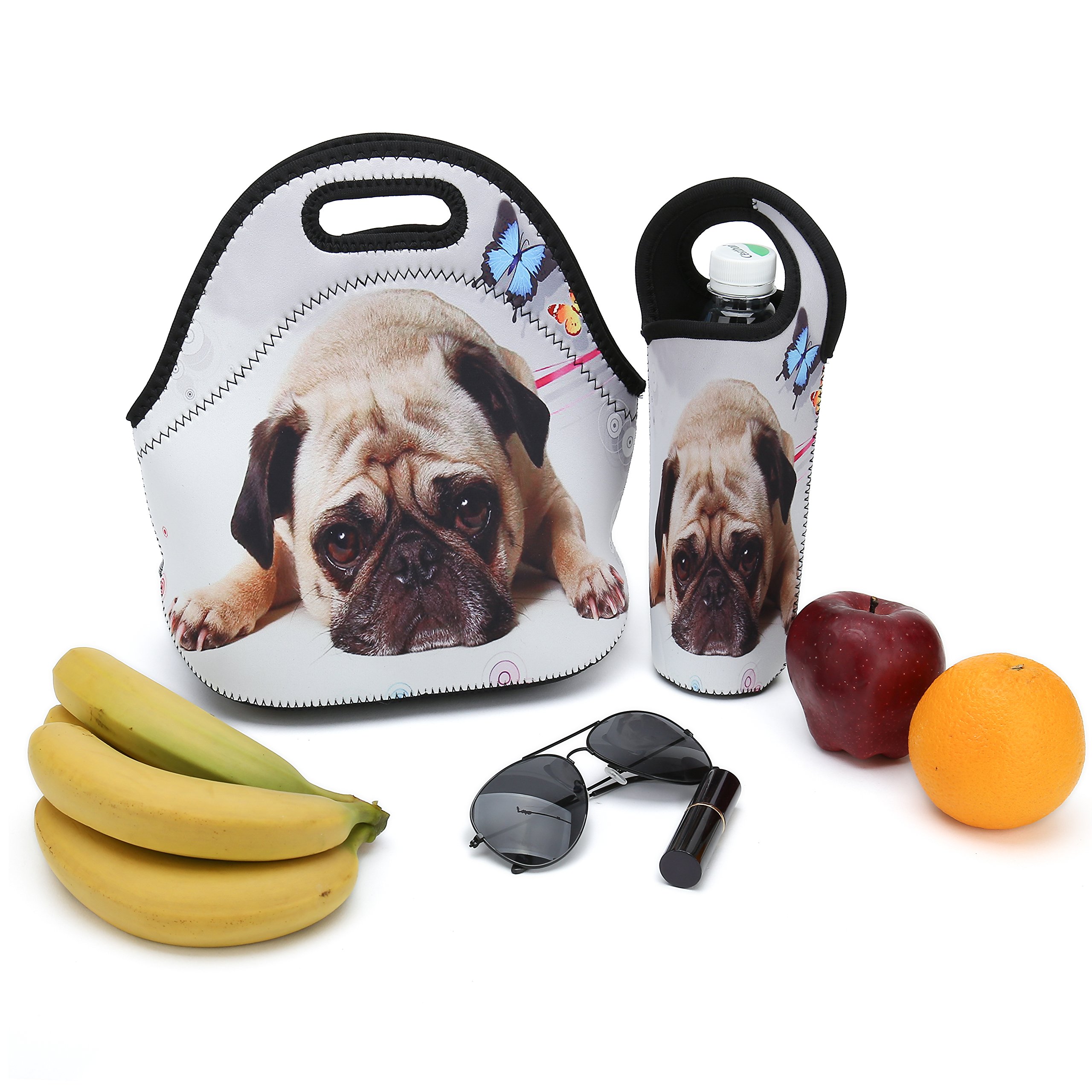 Insulated Neoprene Lunch Bag for Women, Men & Kids - Thick Thermal Lunch Box with Water Bottle Holder - Lightweight & Durable for Travel, Picnic, School, Office - Perfect for Work, Camping & Outdoor Activities (Cute Pug Design)