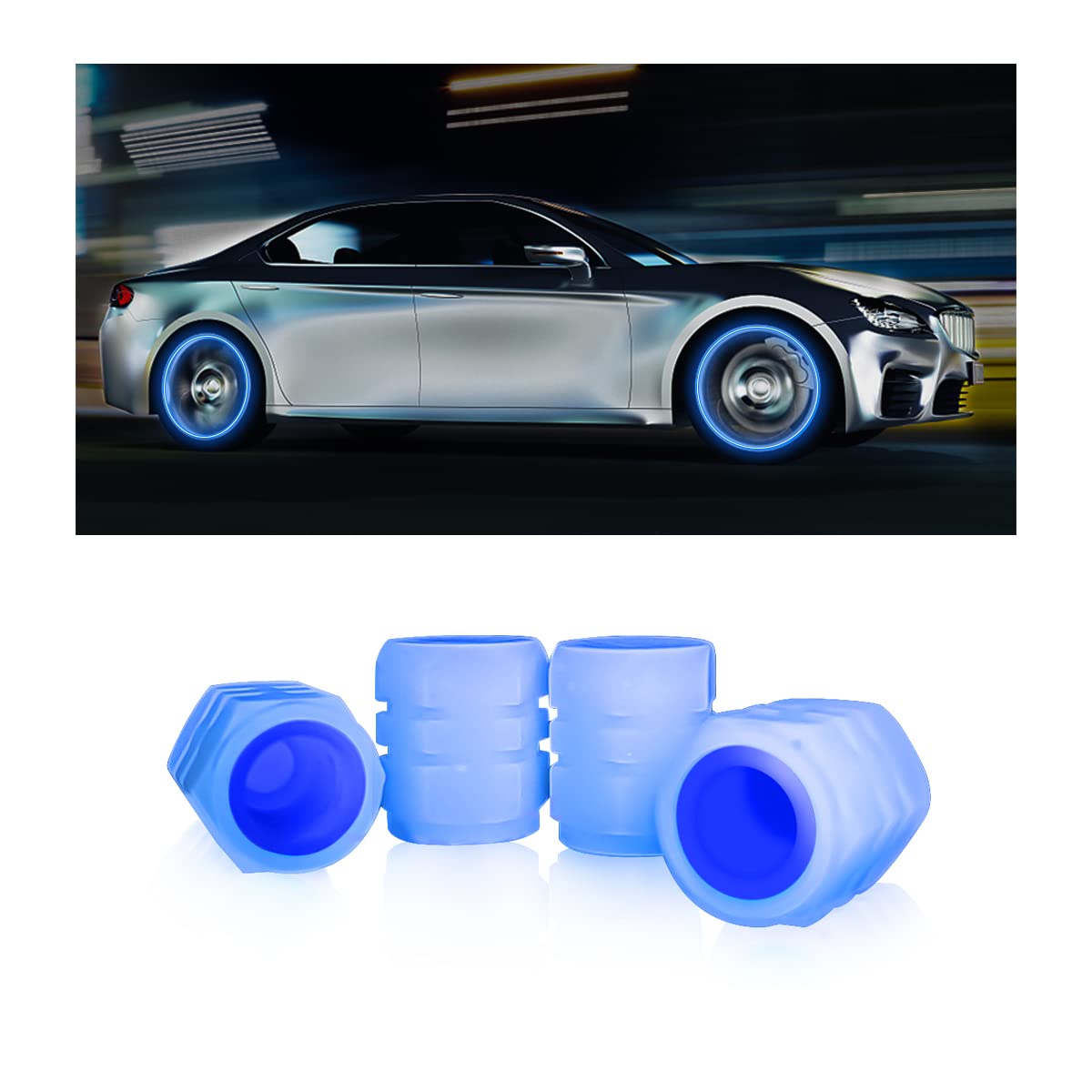 Glow in the Dark Tire Valve Stem Caps - 4PCS Illuminated Wheel Valve Stem Covers for Cars, Trucks, SUVs & Motorcycles (Blue) | Universal Car Accessories for Night Visibility & Safety