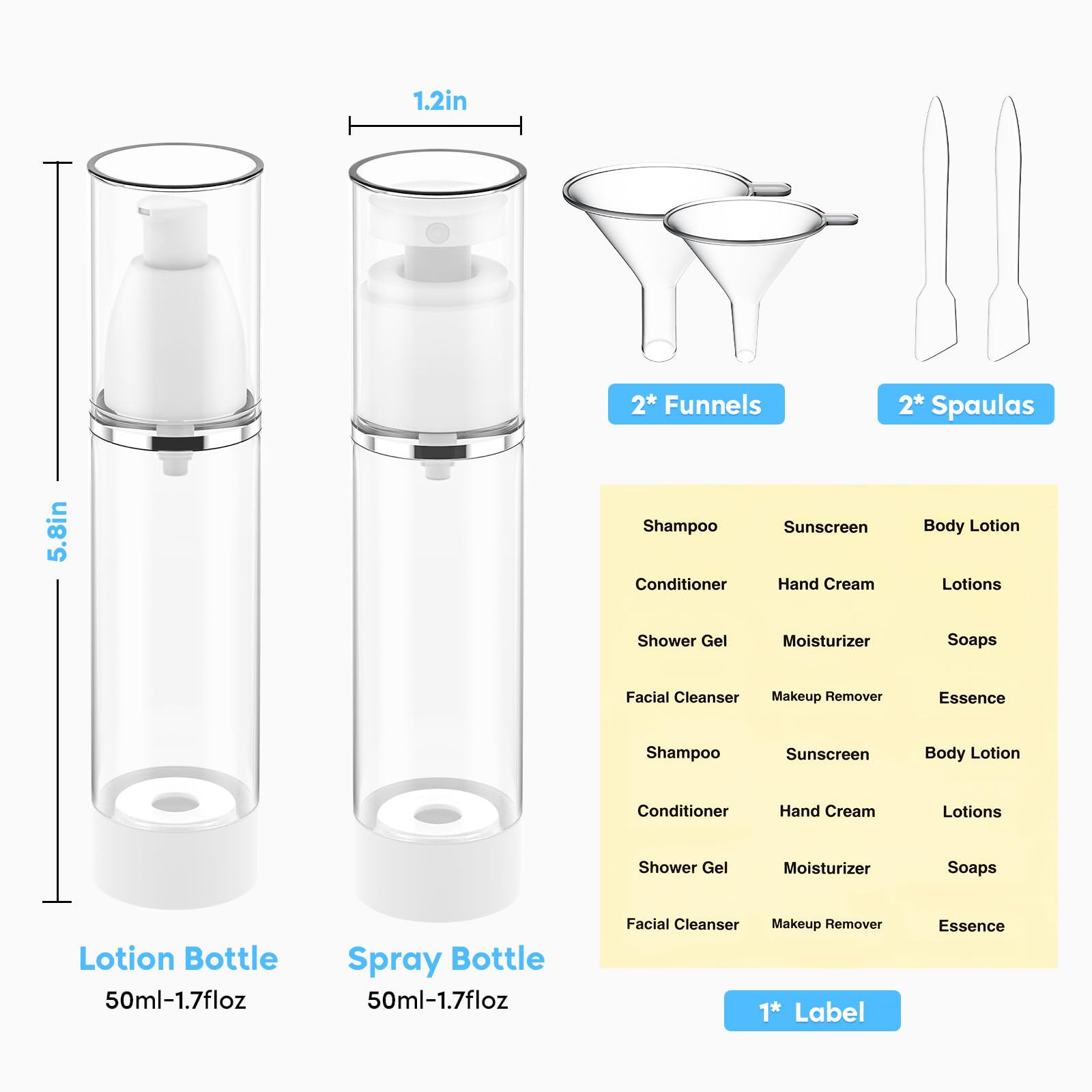 1.7oz (50ml) Clear Acrylic Travel Bottles with Airless Pump & Labels - Leakproof Refillable Toiletry Containers for Hand Cream, Lotion, Makeup & Skincare Liquids | Perfect for TSA Carry-on & Vacation Essentials (2-Pack)