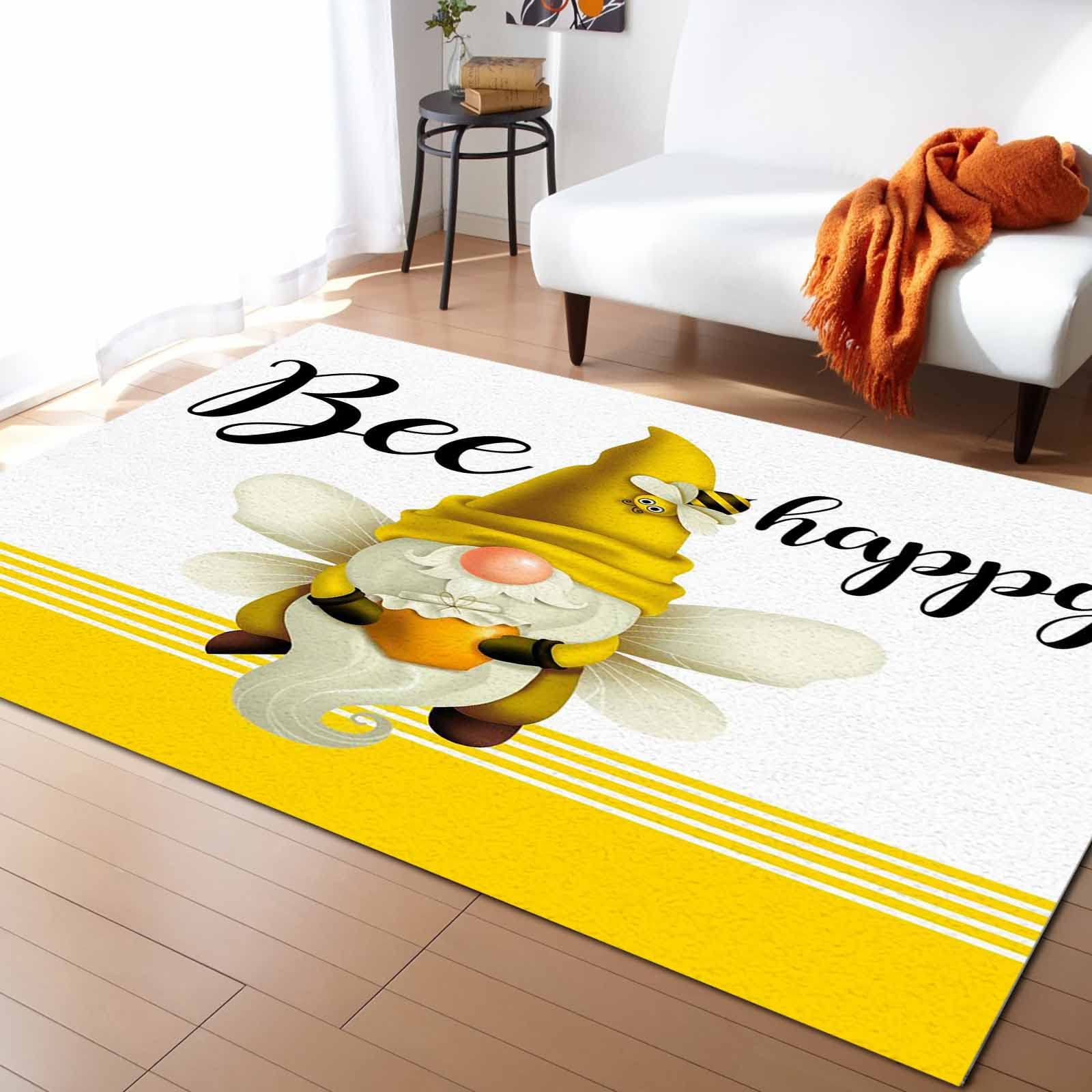 Non-Slip Contemporary Indoor Area Rug - Bee Happy Gnome Yellow Honey Design, Fade-Proof Washable Rubber Backed Carpet for Living Room, Bedroom, Nursery & Office Decor - 5' x 7' - Perfect for Cozy Home, Apartment & Dorm Room Flooring