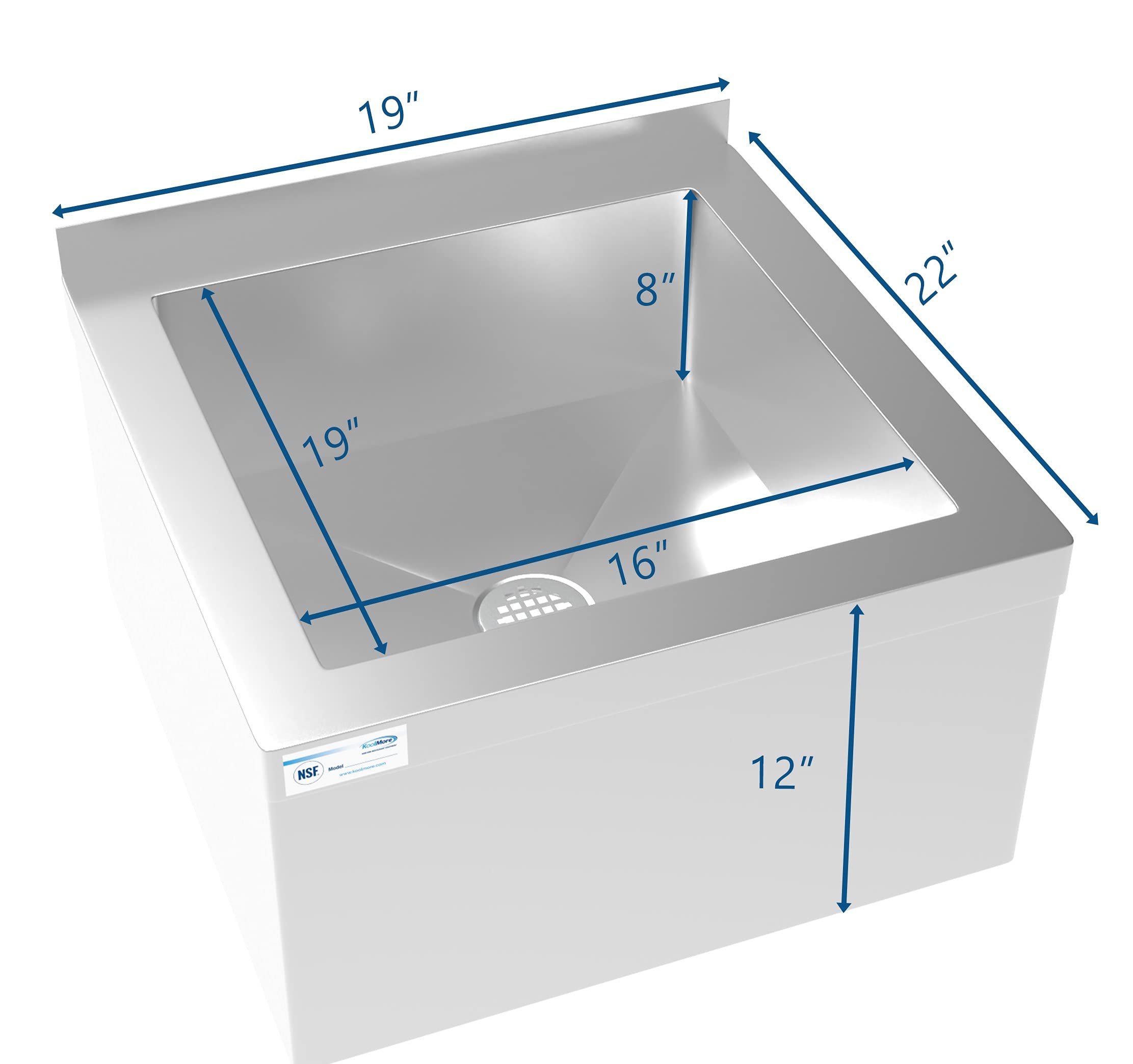 KoolMore Commercial NSF Certified 18-Gauge 304 Stainless Steel Floor Mop Sink with Deep Basin - 19” x 22” x 12” Wall-Mount Utility Sink for Restaurants, Kitchens & Food Service - Clog-Free Drain, Easy Water Disposal, Silver (MPS-1922123)