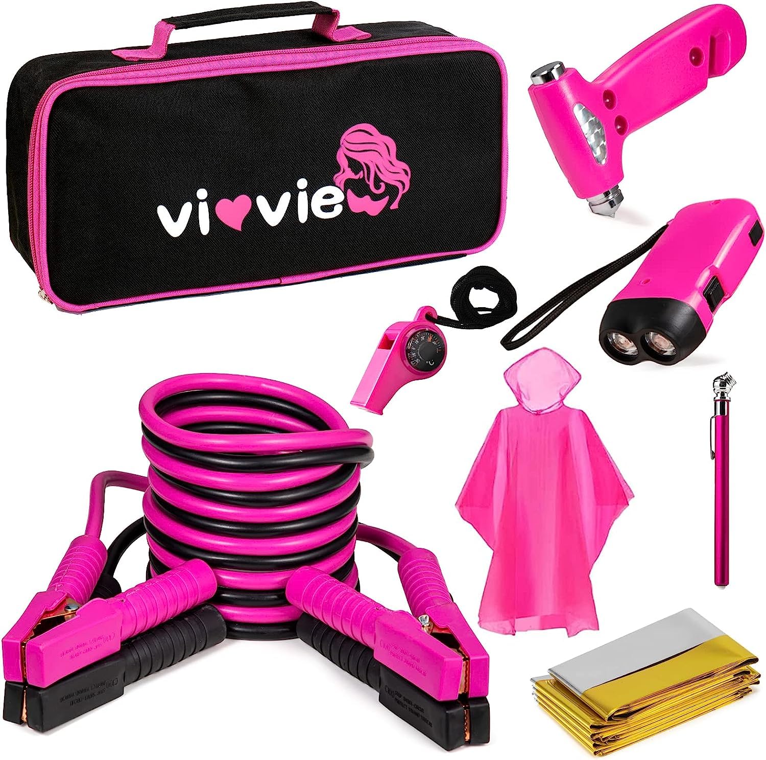 Roadside Emergency Car Kit with Jumper Cables & Safety Hammer - Pink Vehicle Safety Accessories for Women & Teen Girls - Perfect for Road Trips & Daily Commutes