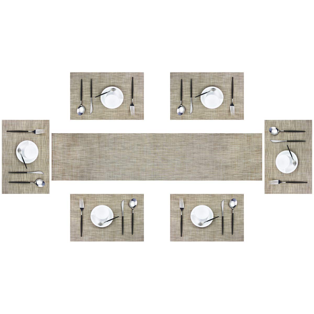Modern Elegant Washable Vinyl Placemats and Table Runner Set - Non-Slip Table Mats for Dining, Kitchen & Home Decor (6 Placemats + 1 Runner, Multi Khaki) - Perfect for Dinner Parties, Holiday Meals & Everyday Use