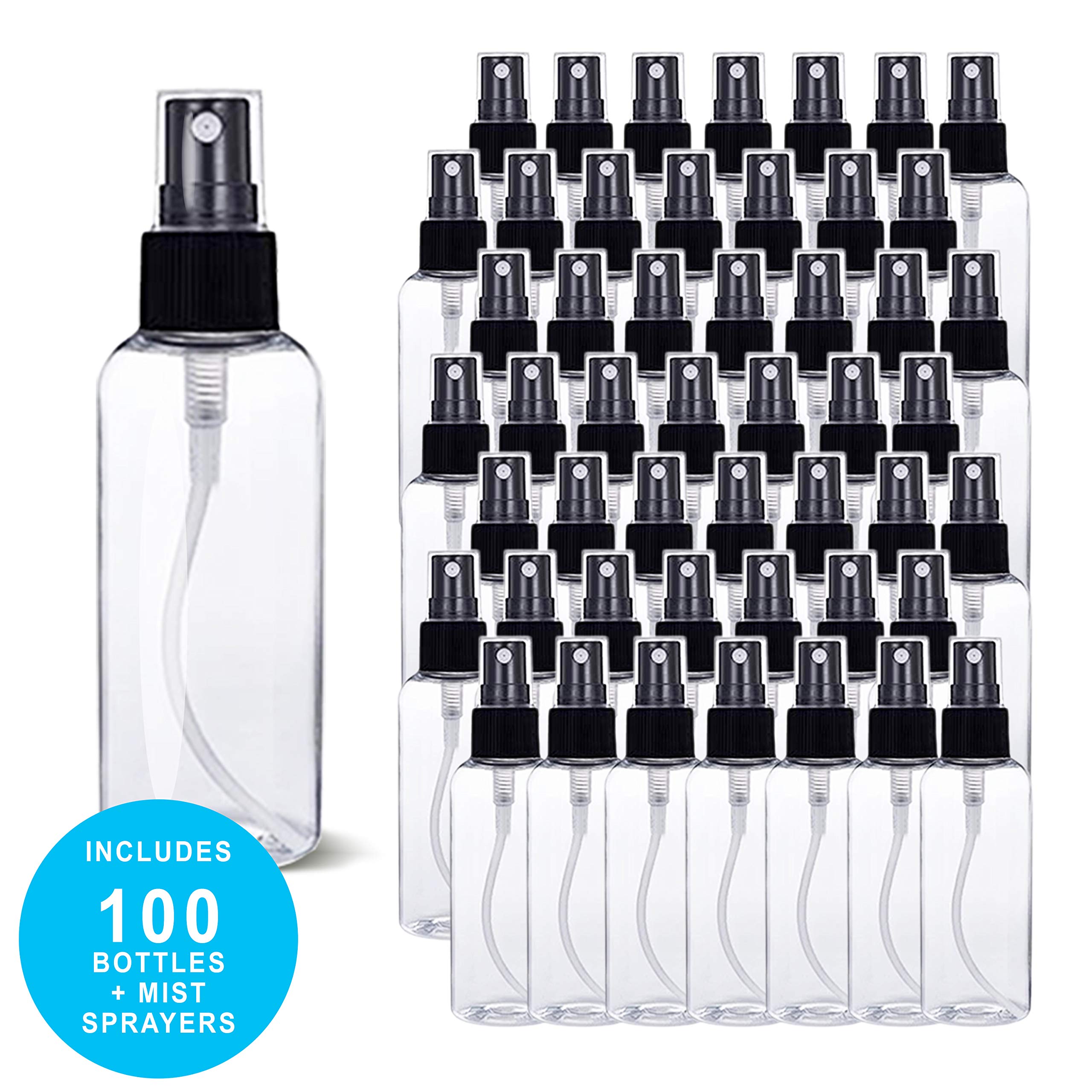 SANSHIELD 100 Pack 2 oz (60 ml) Clear PET Plastic Spray Bottles with Cap - Refillable & Reusable Travel Size Mist Bottles for Hair, Skin Care, Cleaning & DIY Projects - Perfect for Home, Salon, Travel & Crafting