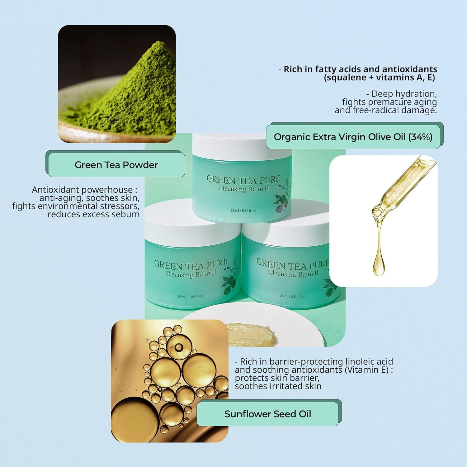 YADAH Green Tea Cleansing Balm II (0.84 fl oz) - Korean Vegan Makeup Remover for Sensitive Skin, Moisturizing Facial Cleanser with Botanical Oil Extract, Residue-Free | Perfect for Double Cleansing & Travel Skincare Routine