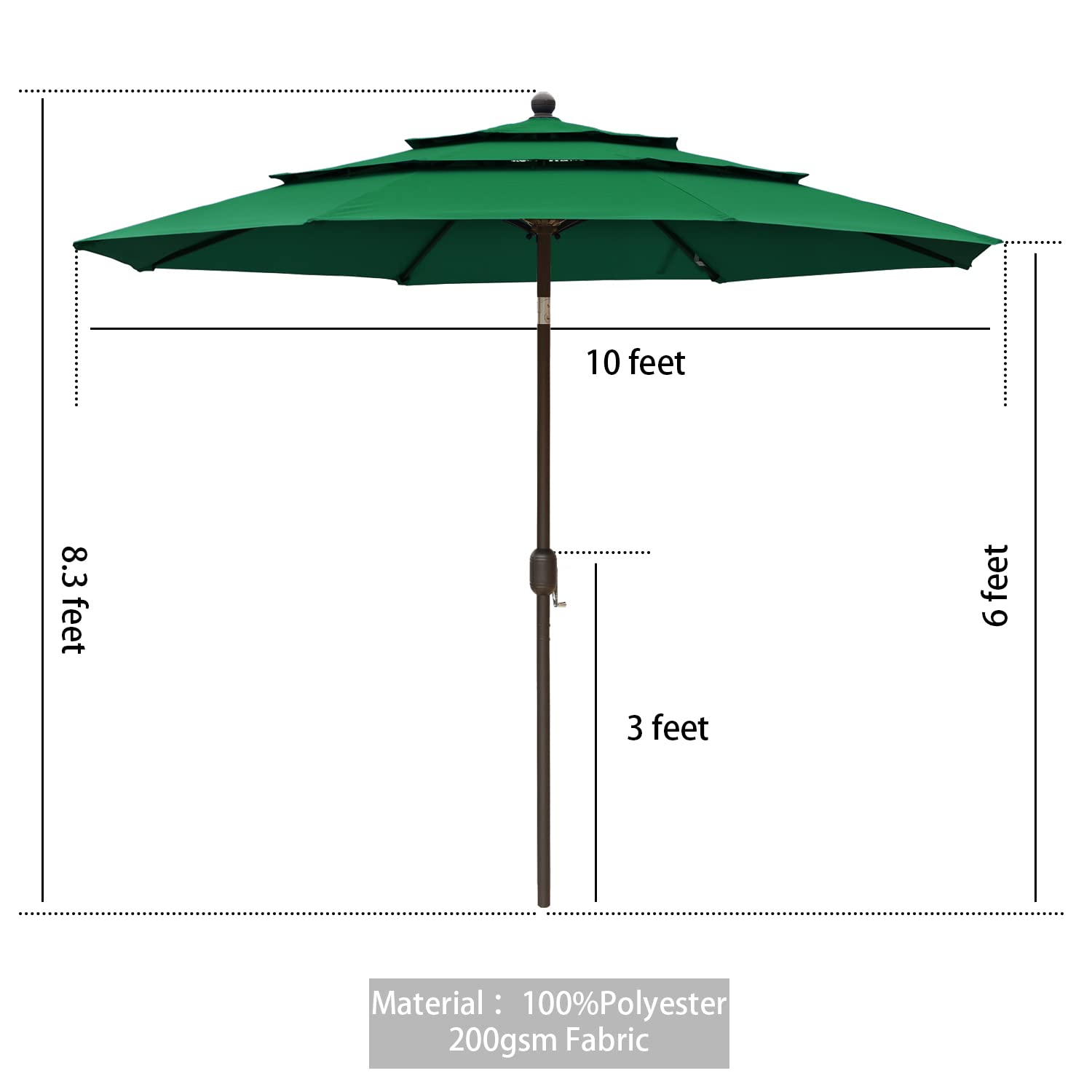 Aoodor 10 ft Green Outdoor Patio Umbrella with 3-Tier Design - Perfect for Backyard, Garden, Poolside, and Outdoor Dining Areas