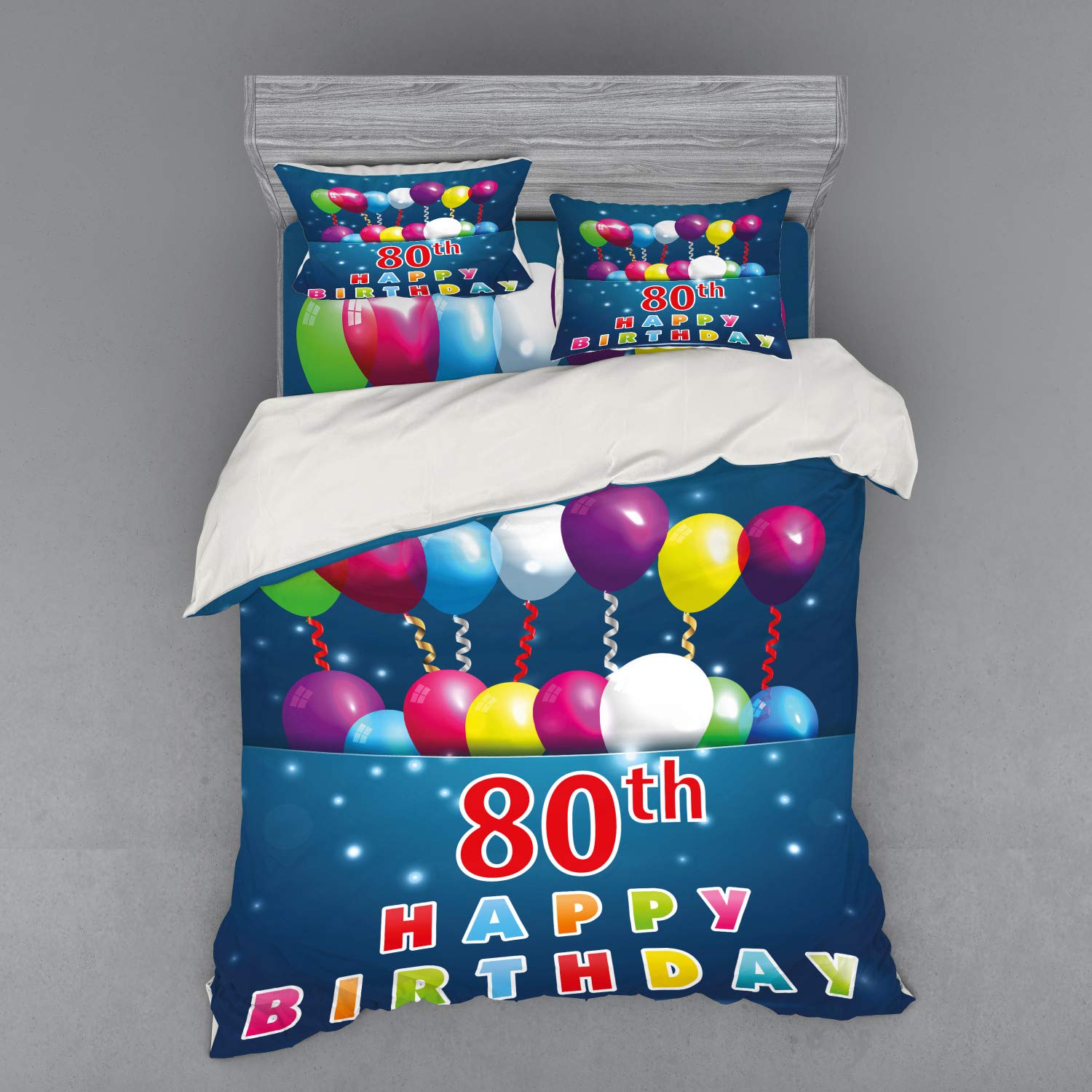 Ambesonne 80th Birthday Bedding Set - Queen Size 4-Piece Duvet Cover with Shams & Fitted Sheet - Colorful Balloons & Birthday Wishes on Blue Background - Perfect for Birthday Party Decorations & Gift Ideas