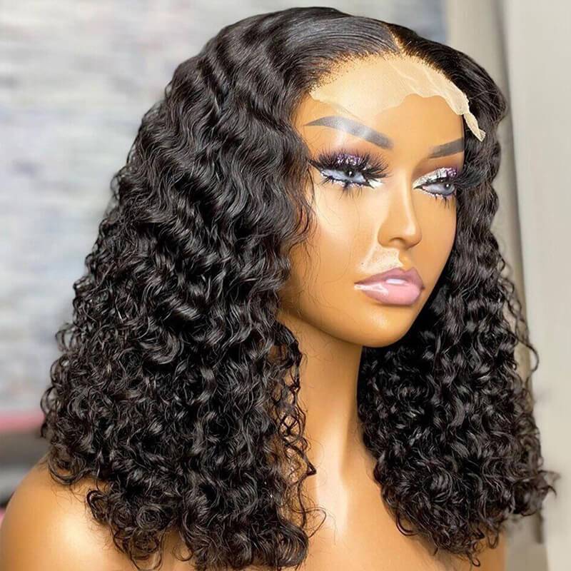 Eullair 13x4 Full Frontal Short Straight Bob Wig with Curly Lace - 100% Human Hair Wigs for Women & Girls - Perfect for Daily Wear, Cosplay & Fashion Styling