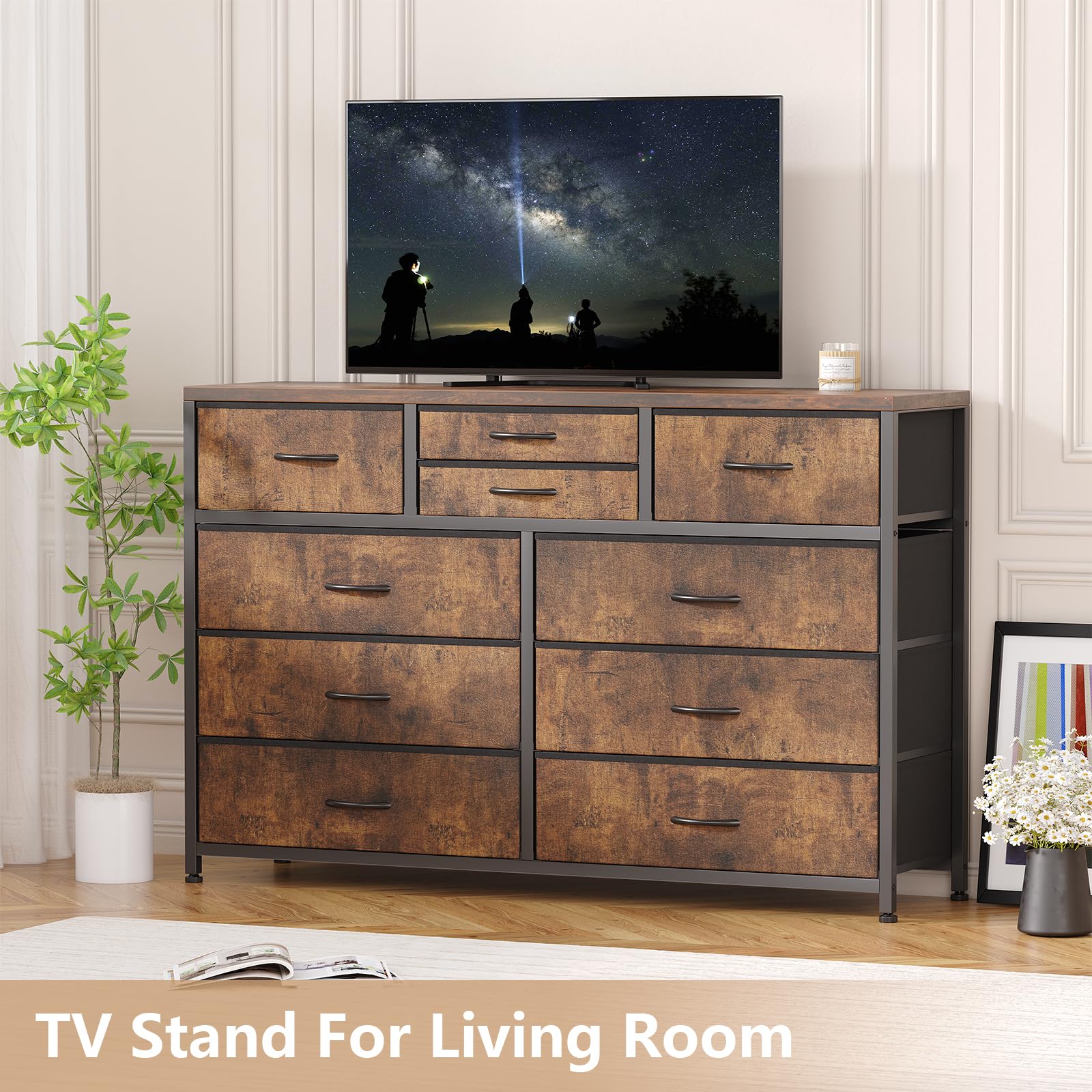 Jojoka 10-Drawer Wide Dresser with Steel Frame & Wood Top - Rustic TV Stand Entertainment Center, Fabric Storage Cabinet for Bedroom, Hallway, Nursery & Closet Organization | Perfect for Small Space Living & Home Decor